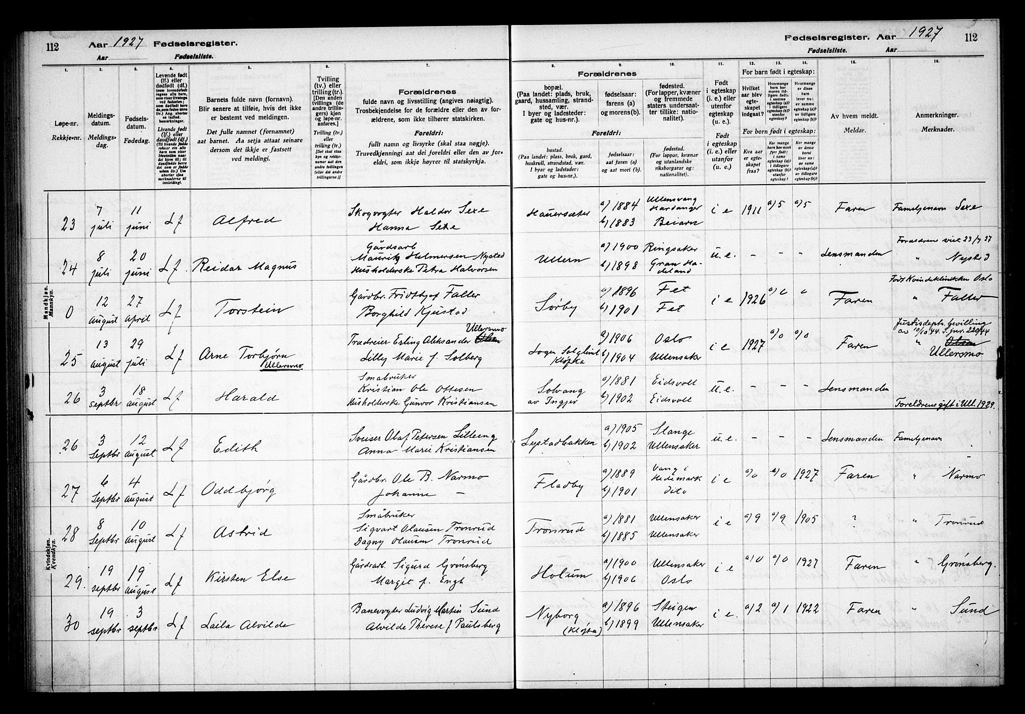 Ullensaker prestekontor Kirkebøker, AV/SAO-A-10236a/J/Ja/L0001: Birth register no. I 1, 1916-1938, p. 112
