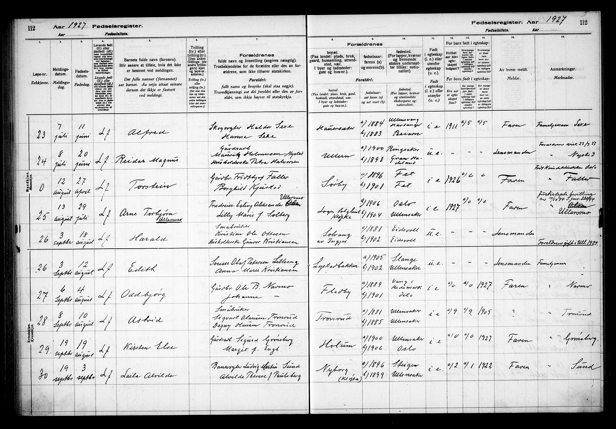 Ullensaker prestekontor Kirkebøker, SAO/A-10236a/J/Ja/L0001: Birth register no. 1, 1916-1938, p. 112