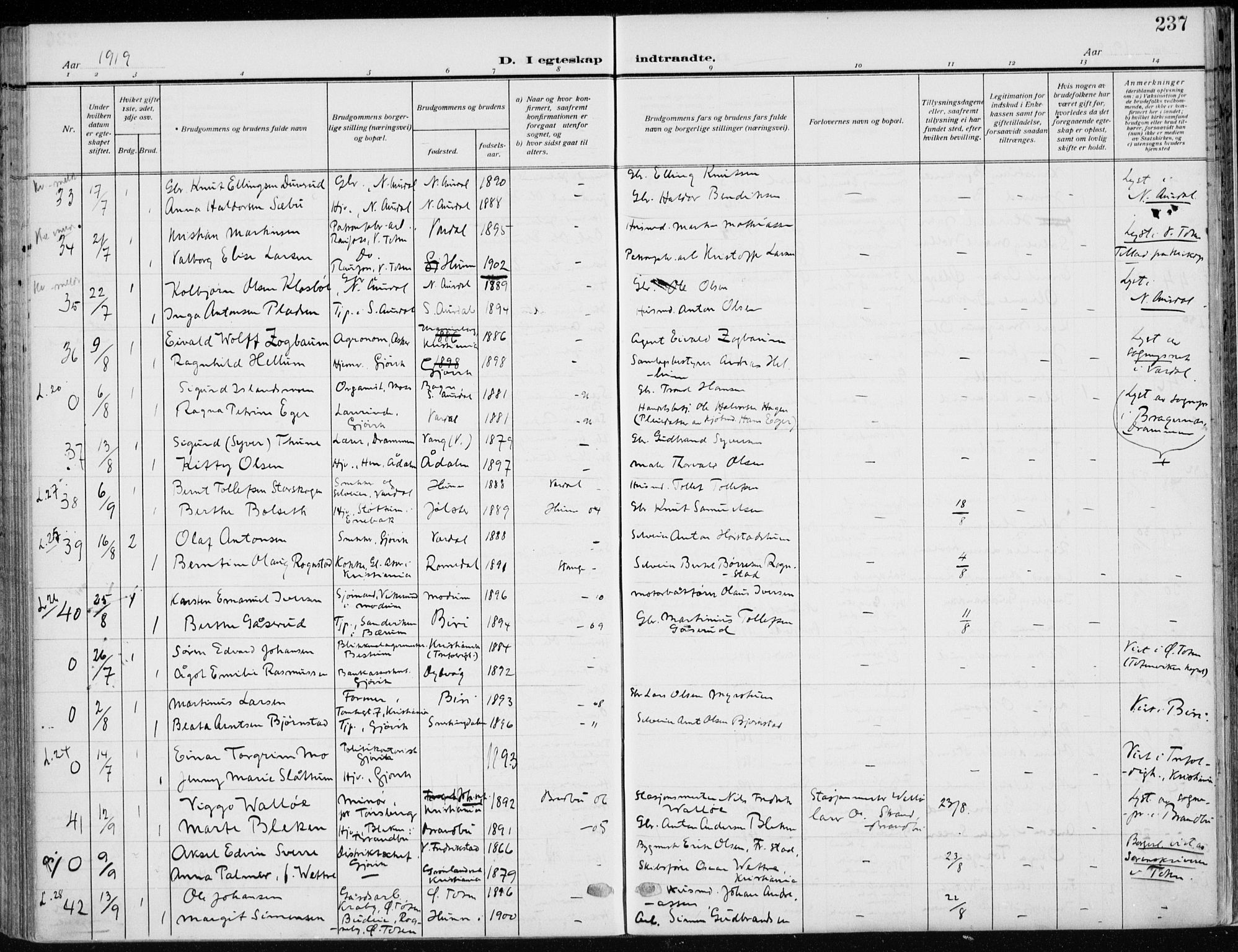 Vardal prestekontor, AV/SAH-PREST-100/H/Ha/Haa/L0014: Parish register (official) no. 14, 1912-1922, p. 237