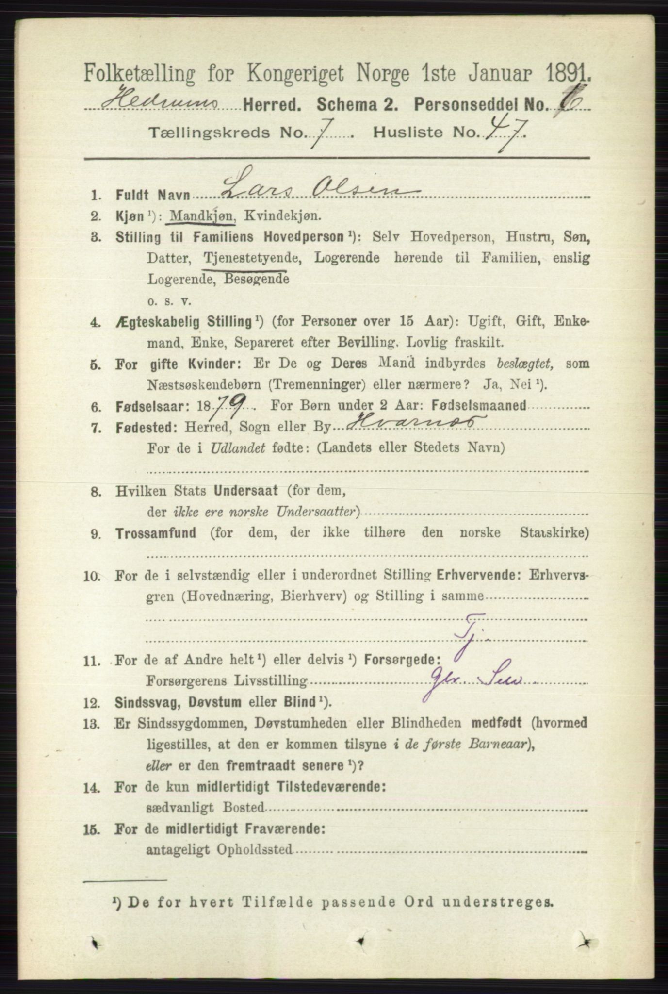 RA, 1891 census for 0727 Hedrum, 1891, p. 3298