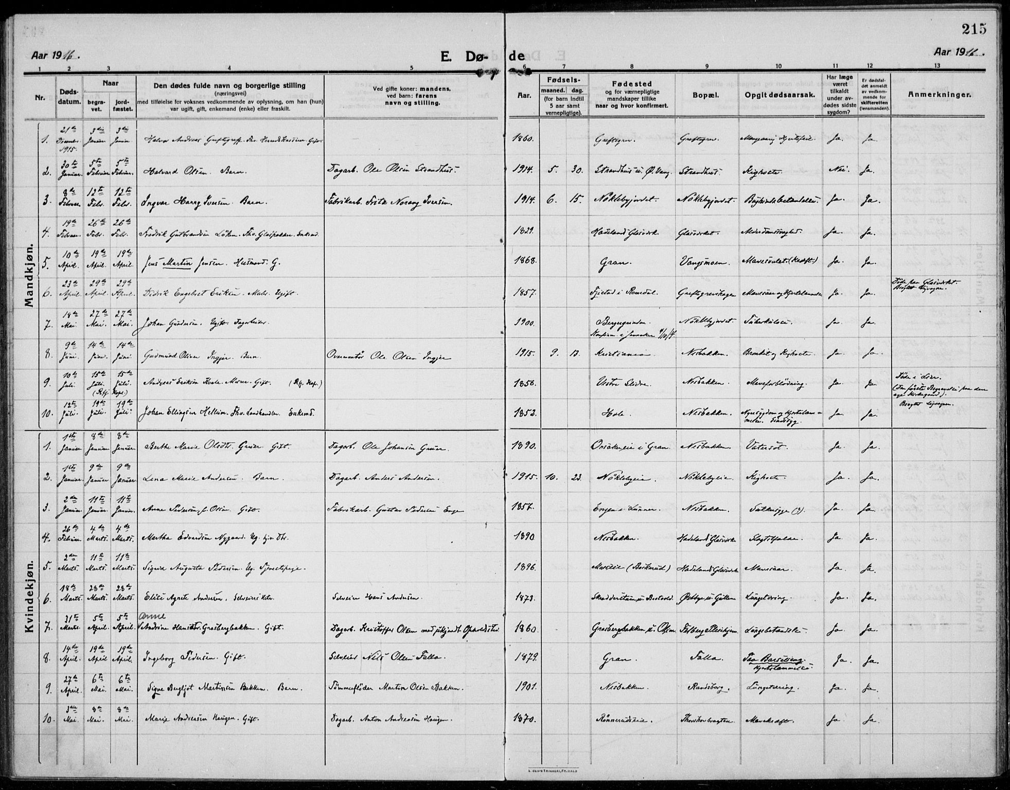 Jevnaker prestekontor, SAH/PREST-116/H/Ha/Haa/L0012: Parish register (official) no. 12, 1914-1924, p. 215