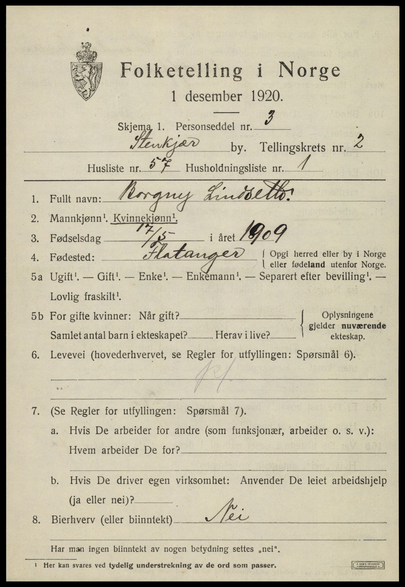 SAT, 1920 census for Steinkjer, 1920, p. 5332