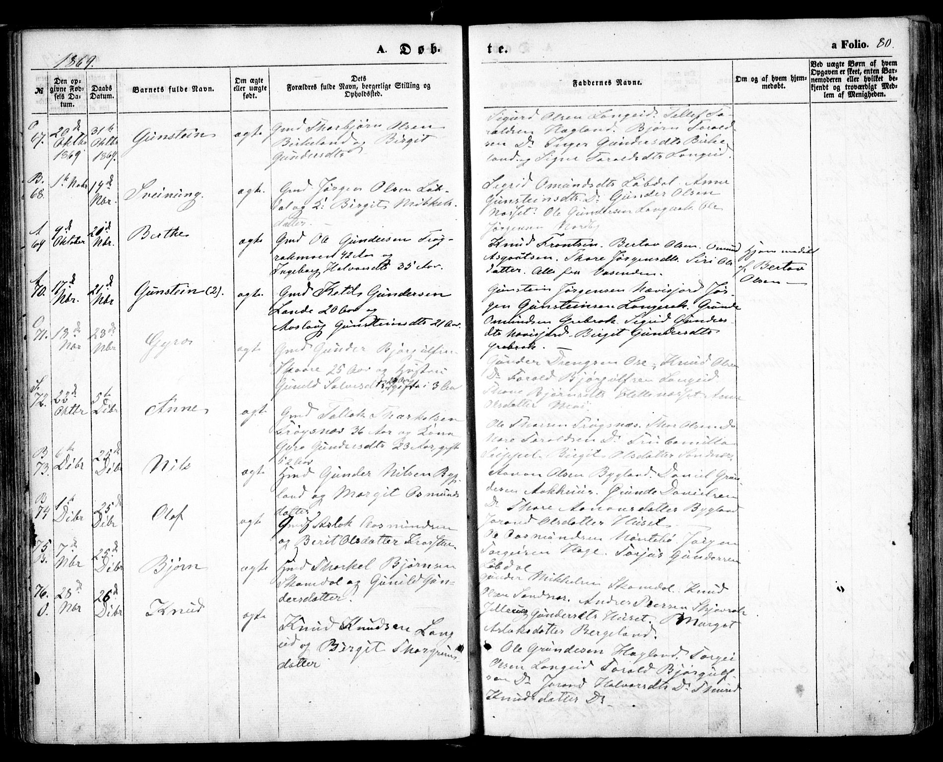 Bygland sokneprestkontor, AV/SAK-1111-0006/F/Fa/Fab/L0005: Parish register (official) no. A 5, 1859-1873, p. 80