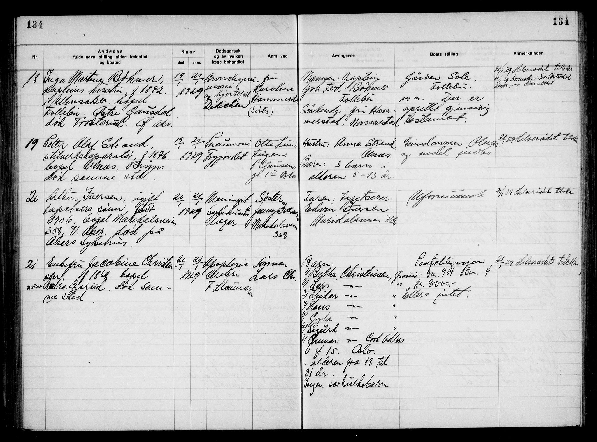 Aker kriminaldommer, skifte- og auksjonsforvalterembete, AV/SAO-A-10452/H/Hb/Hba/Hbac/L0002: Dødsfallsprotokoll for Østre Aker, 1927-1931, p. 134