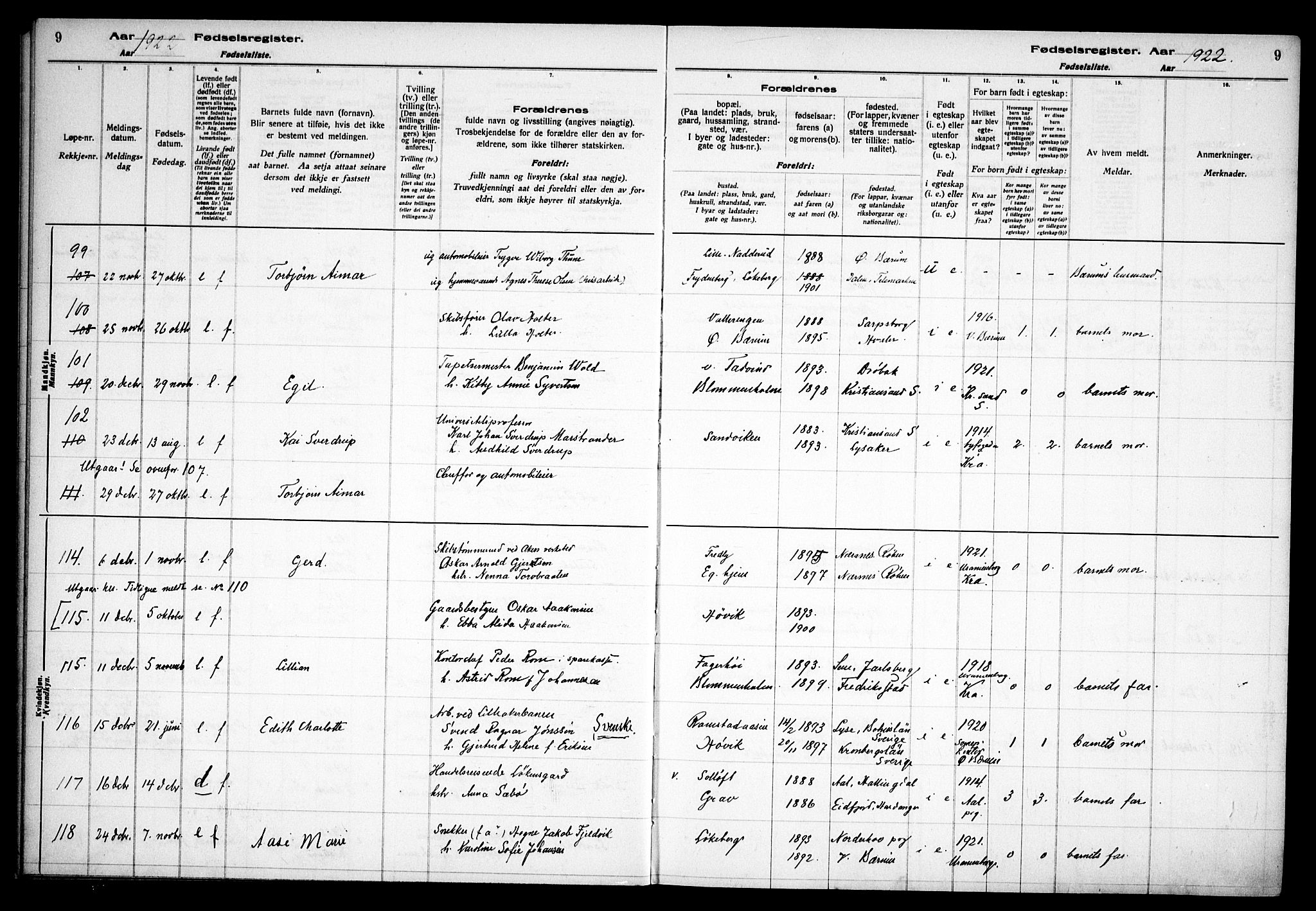 Østre Bærum prestekontor Kirkebøker, AV/SAO-A-10887/J/Ja/L0002: Birth register no. 2, 1922-1928, p. 9