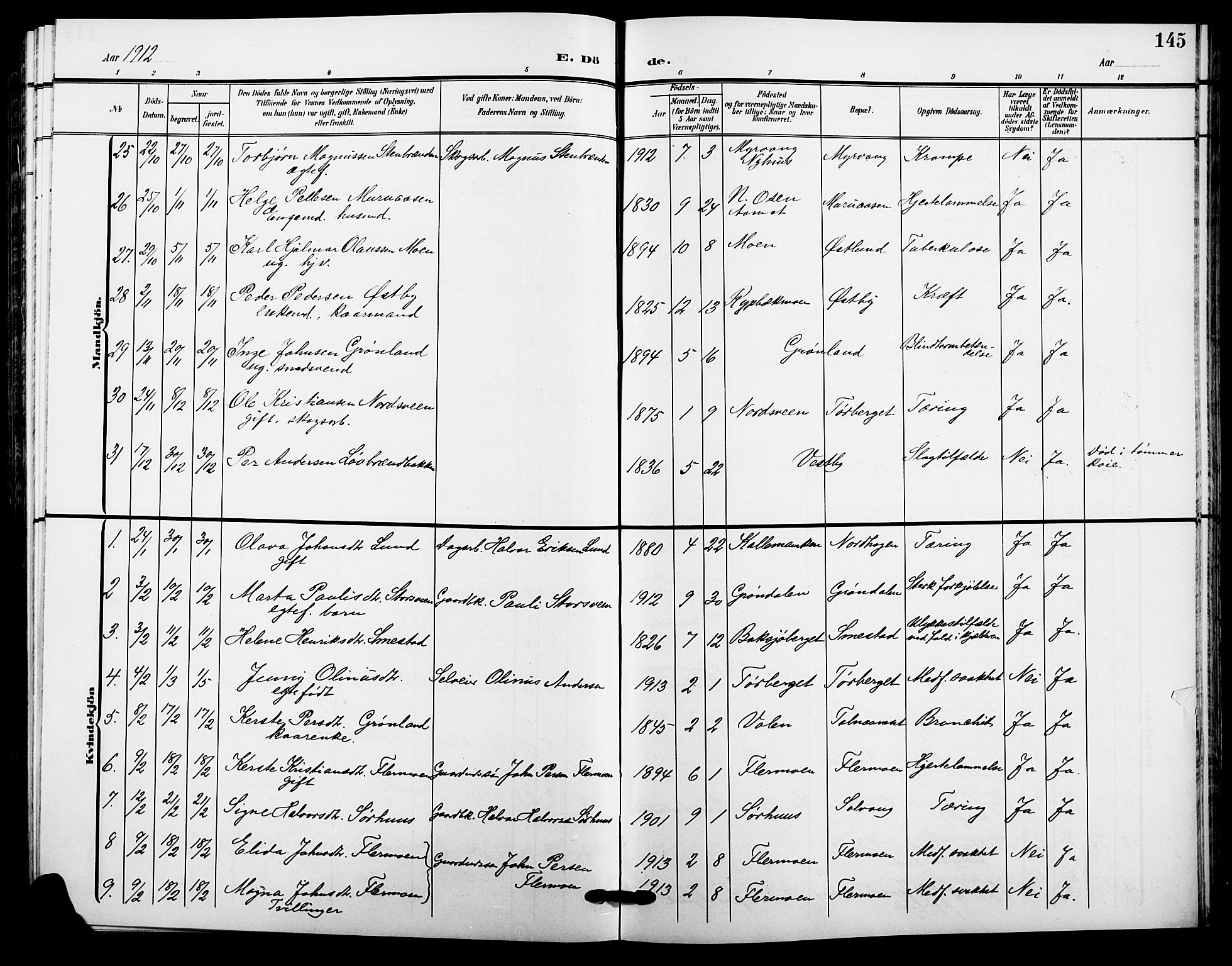 Trysil prestekontor, SAH/PREST-046/H/Ha/Hab/L0009: Parish register (copy) no. 9, 1904-1924, p. 145