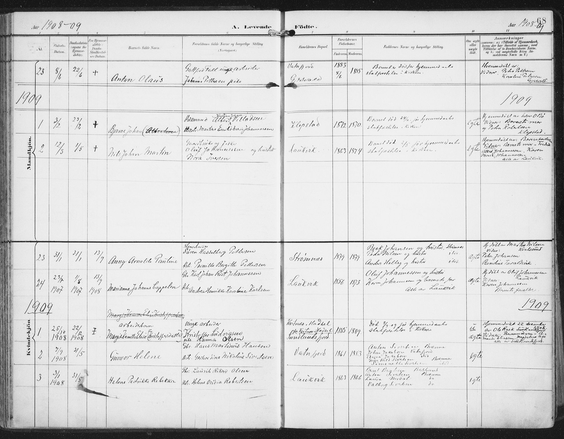 Ministerialprotokoller, klokkerbøker og fødselsregistre - Nordland, AV/SAT-A-1459/876/L1098: Parish register (official) no. 876A04, 1896-1915, p. 68