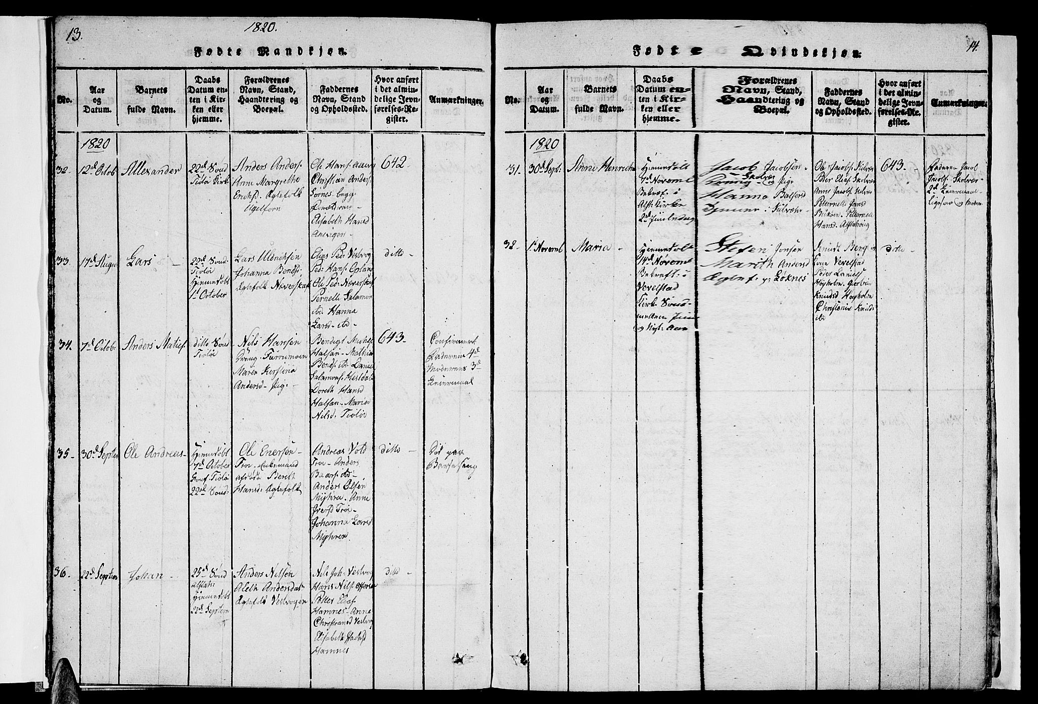 Ministerialprotokoller, klokkerbøker og fødselsregistre - Nordland, AV/SAT-A-1459/830/L0457: Parish register (copy) no. 830C01 /1, 1820-1842, p. 13-14