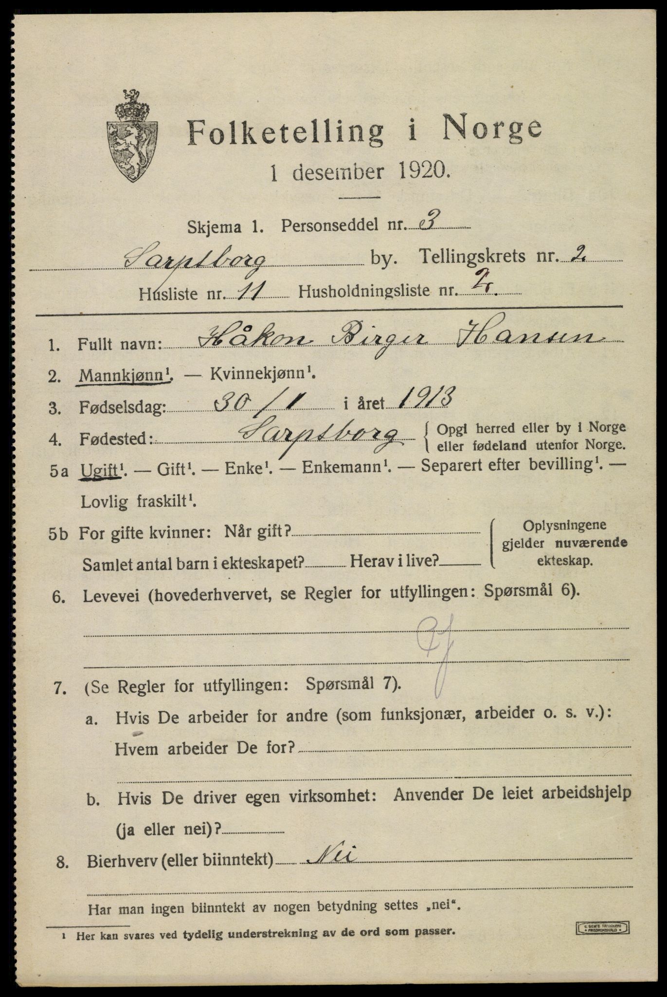 SAO, 1920 census for Sarpsborg, 1920, p. 9474