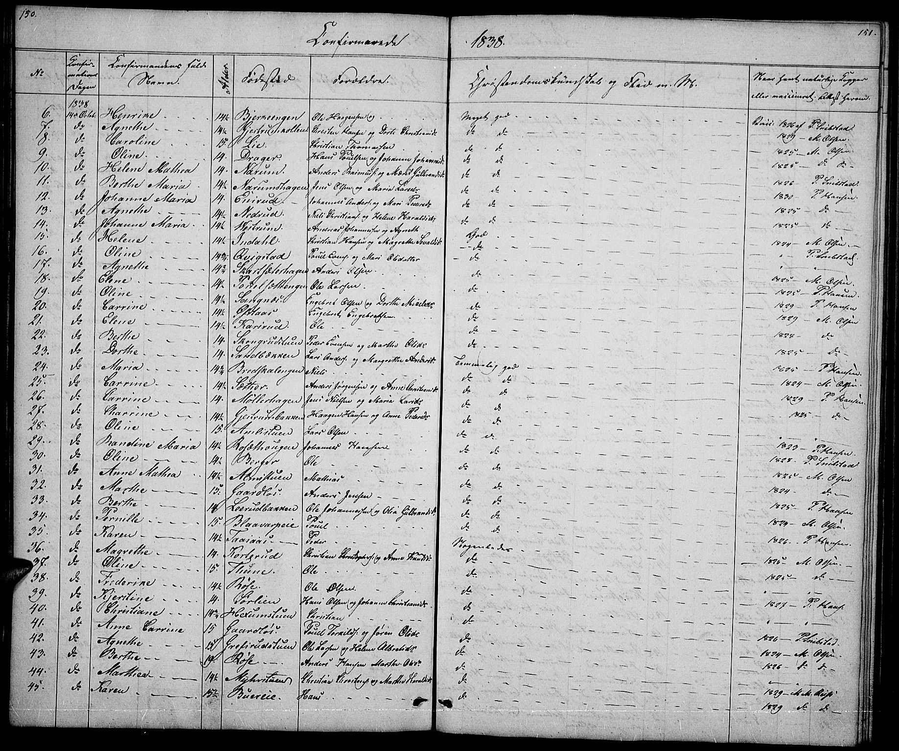 Vestre Toten prestekontor, SAH/PREST-108/H/Ha/Hab/L0002: Parish register (copy) no. 2, 1836-1848, p. 150-151