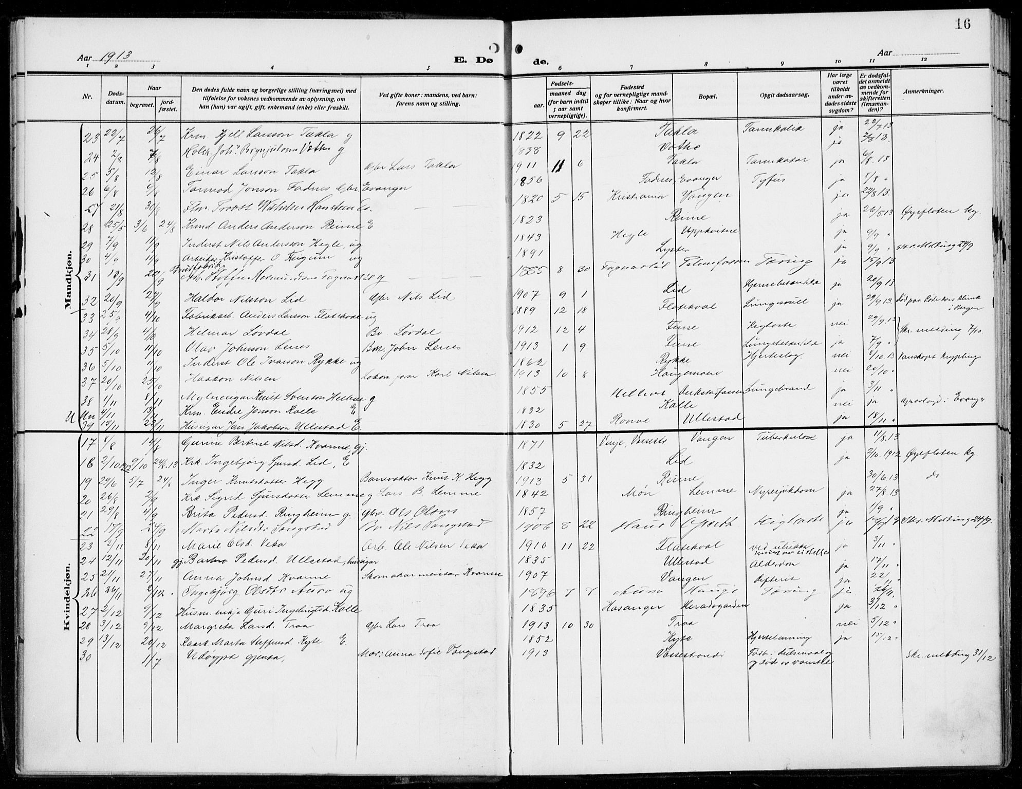 Voss sokneprestembete, AV/SAB-A-79001/H/Haa: Parish register (official) no. D  2, 1910-1932, p. 16