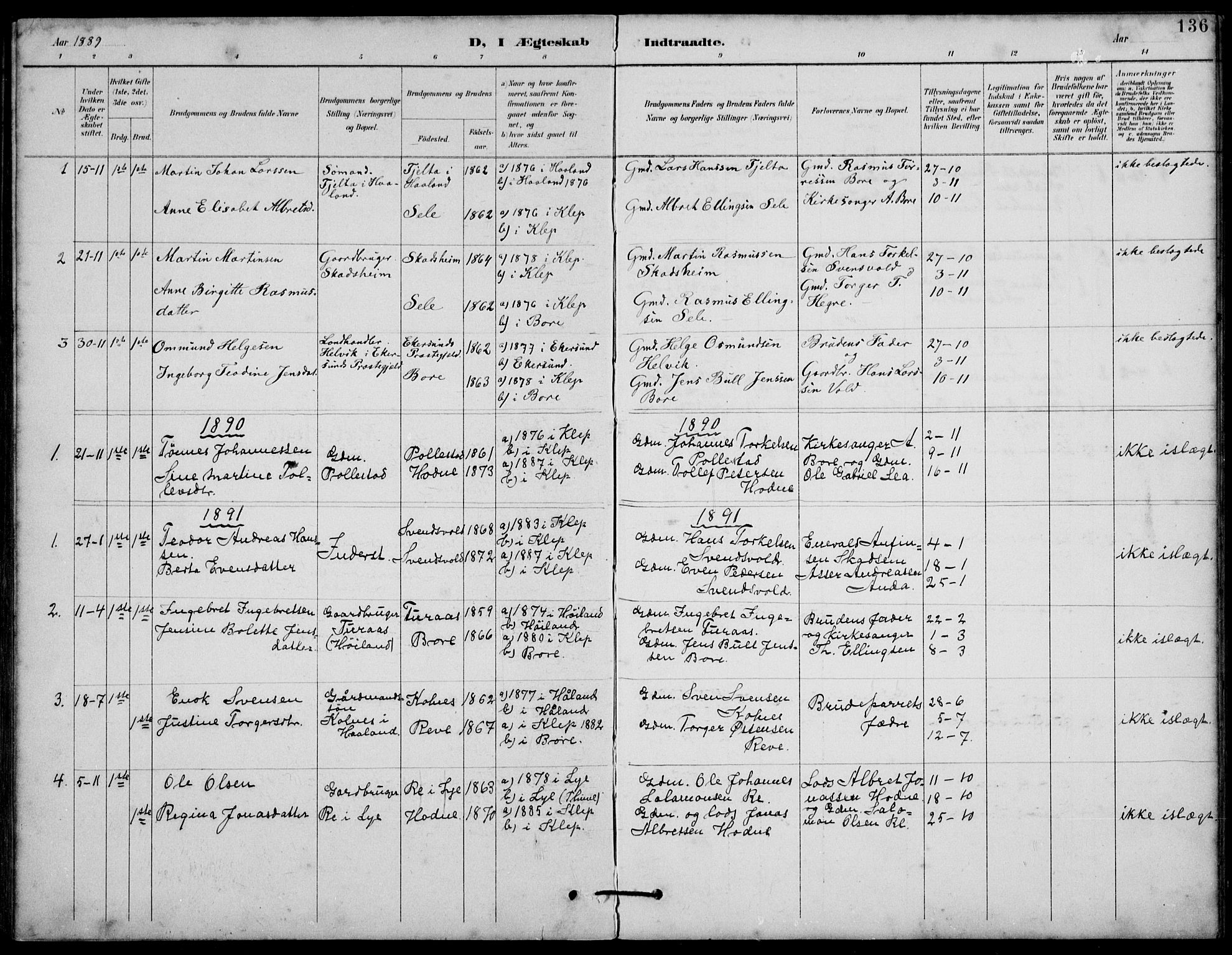 Klepp sokneprestkontor, AV/SAST-A-101803/001/3/30BB/L0006: Parish register (copy) no. B 6, 1889-1936, p. 136