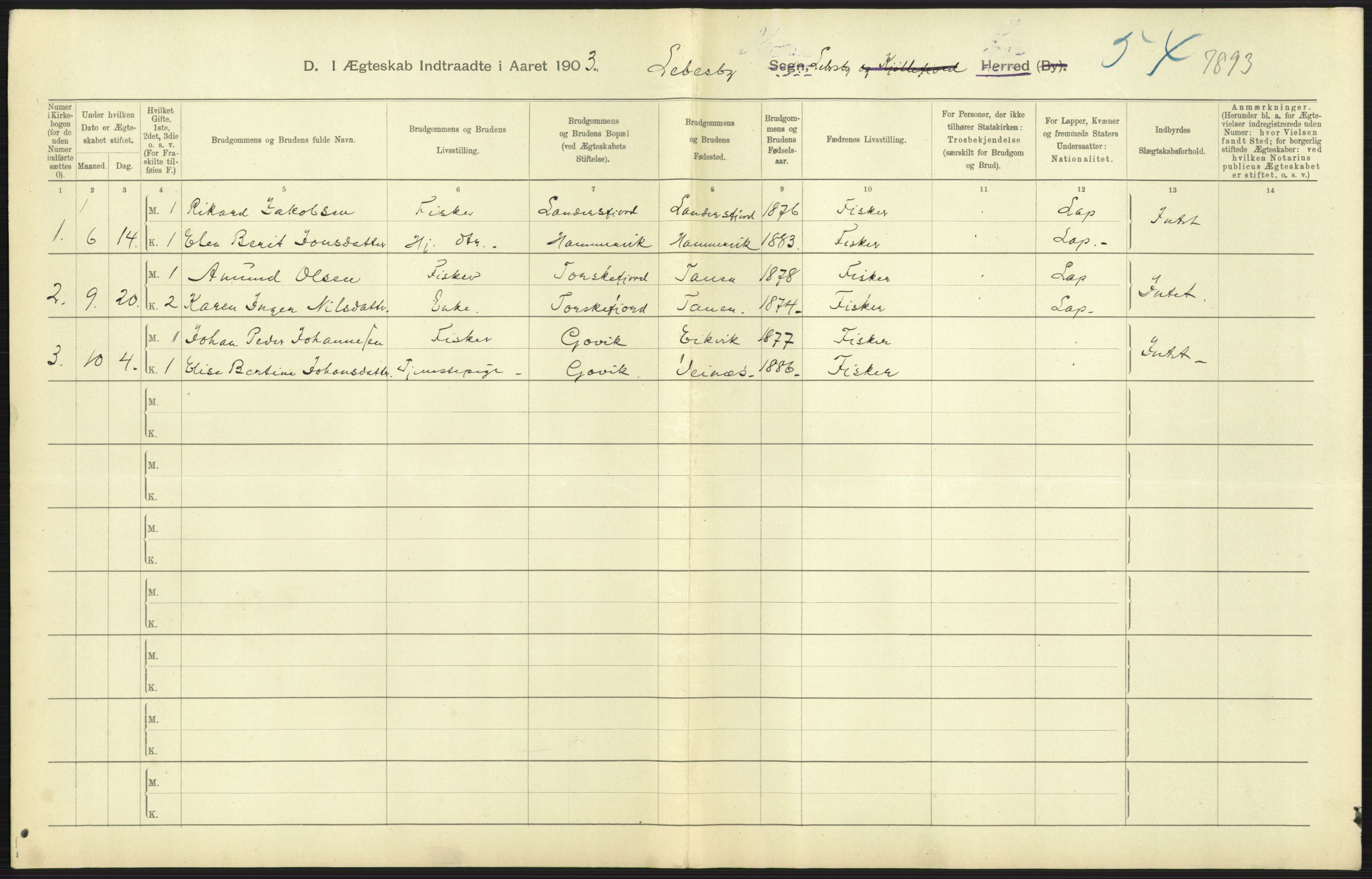 Statistisk sentralbyrå, Sosiodemografiske emner, Befolkning, AV/RA-S-2228/D/Df/Dfa/Dfaa/L0022: Finnmarkens amt: Fødte, gifte, døde., 1903, p. 181