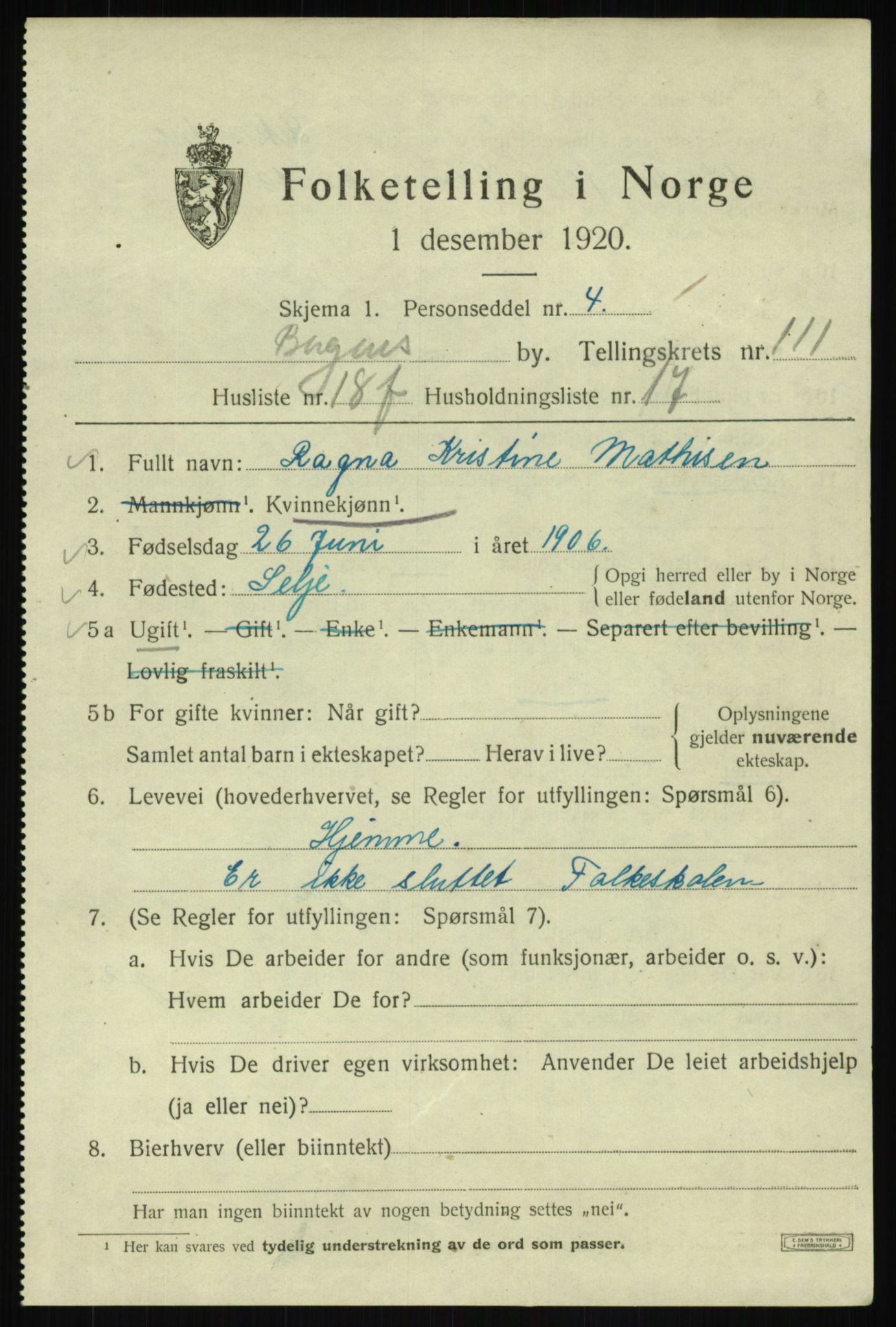 SAB, 1920 census for Bergen, 1920, p. 191751