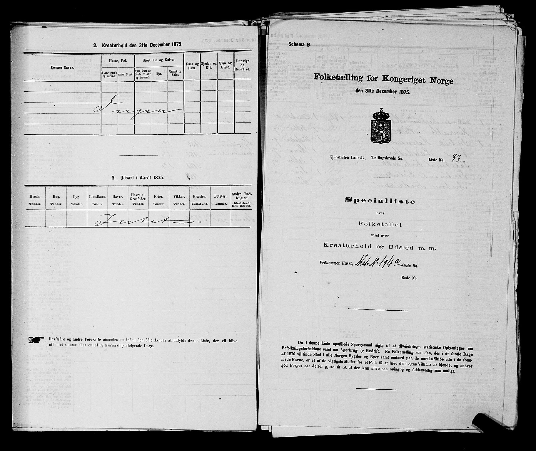 SAKO, 1875 census for 0707P Larvik, 1875, p. 581