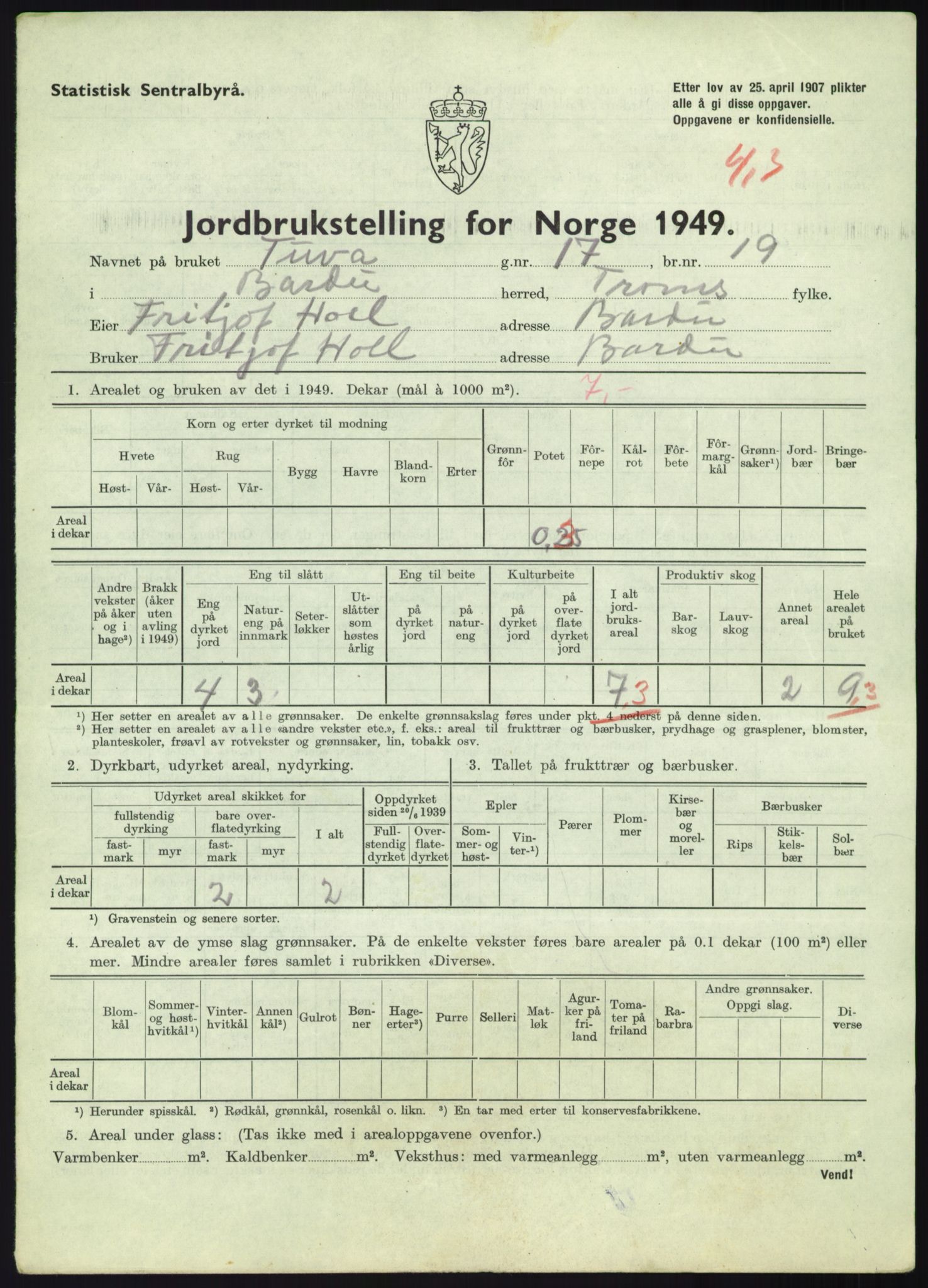 Statistisk sentralbyrå, Næringsøkonomiske emner, Jordbruk, skogbruk, jakt, fiske og fangst, AV/RA-S-2234/G/Gc/L0438: Troms: Salangen og Bardu, 1949, p. 951