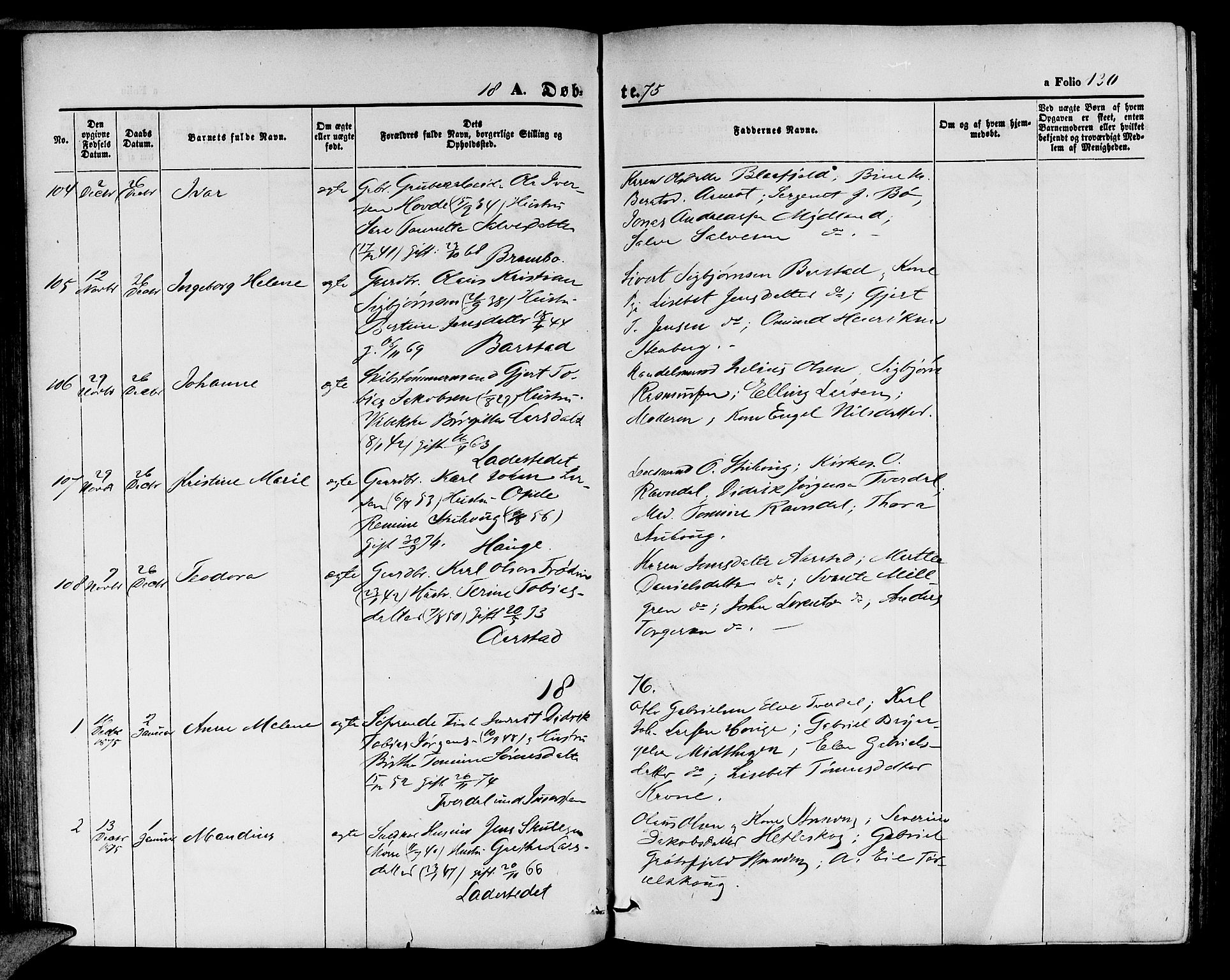 Sokndal sokneprestkontor, SAST/A-101808: Parish register (copy) no. B 3, 1865-1879, p. 130