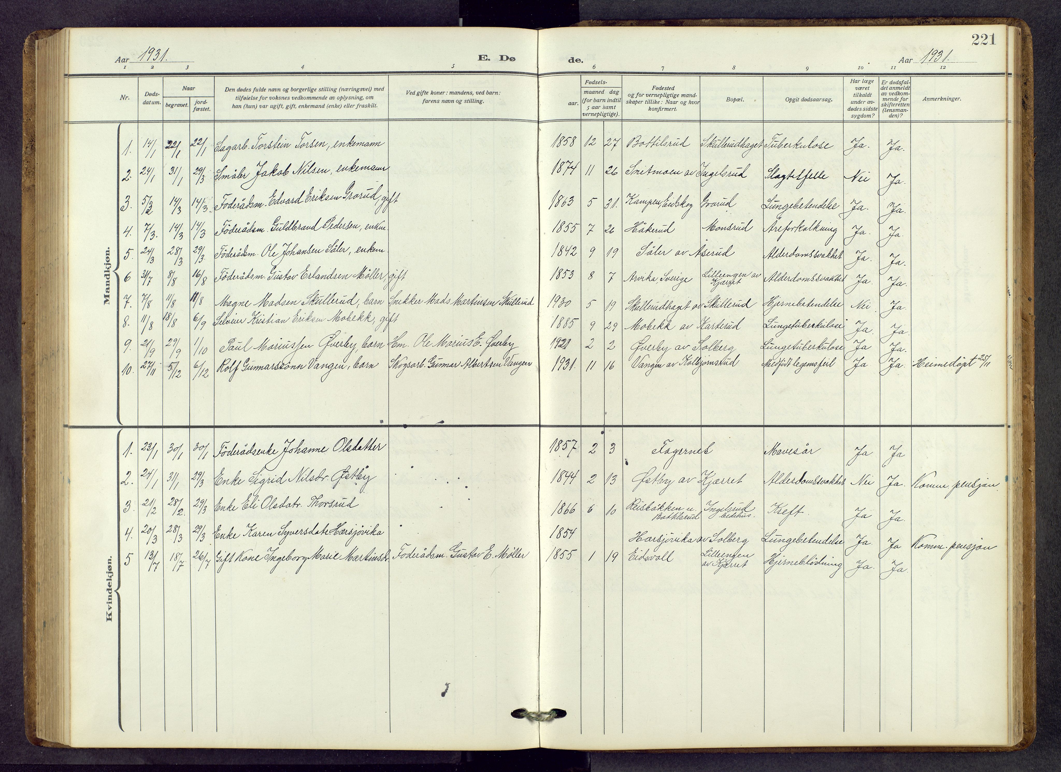 Vinger prestekontor, AV/SAH-PREST-024/H/Ha/Hab/L0006: Parish register (copy) no. 6, 1921-1973, p. 221