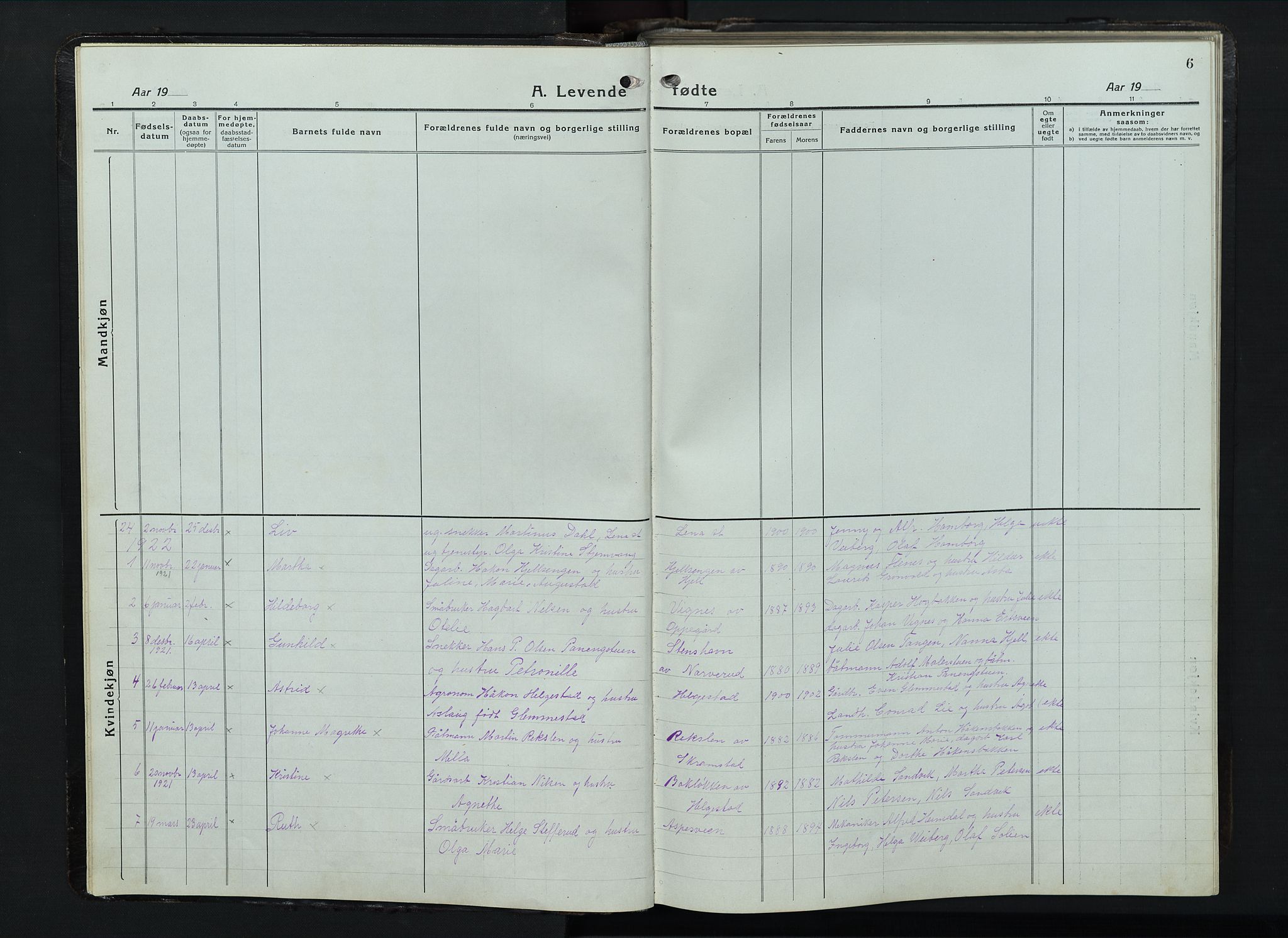 Balke prestekontor, AV/SAH-PREST-106/H/Ha/Hab/L0001: Parish register (copy) no. 1, 1920-1955, p. 6