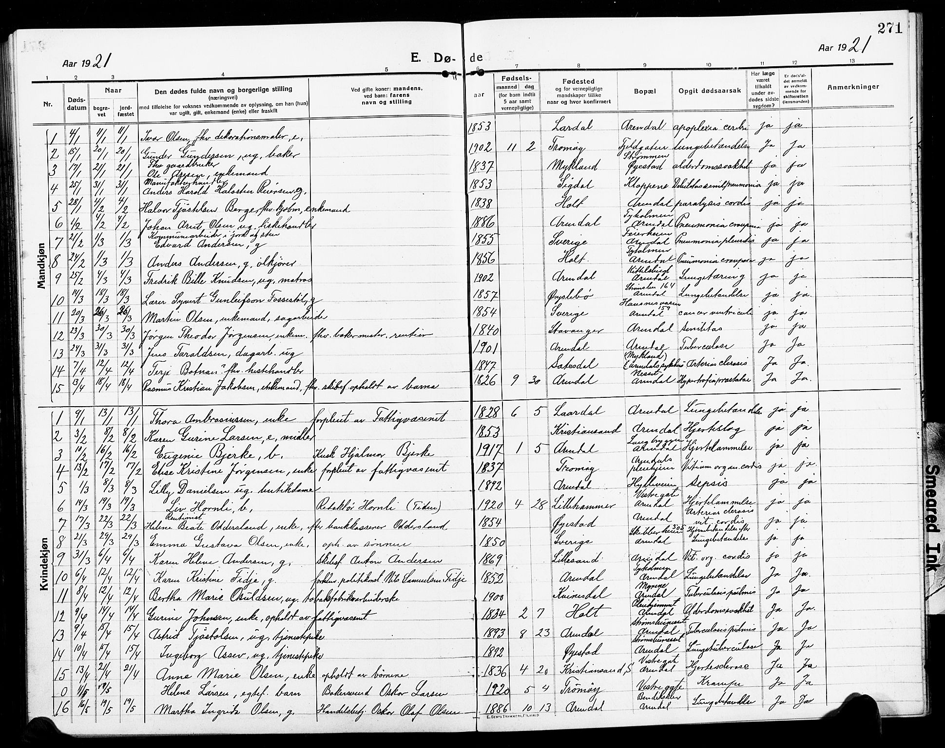 Arendal sokneprestkontor, Trefoldighet, SAK/1111-0040/F/Fb/L0007: Parish register (copy) no. B 7, 1916-1927, p. 271