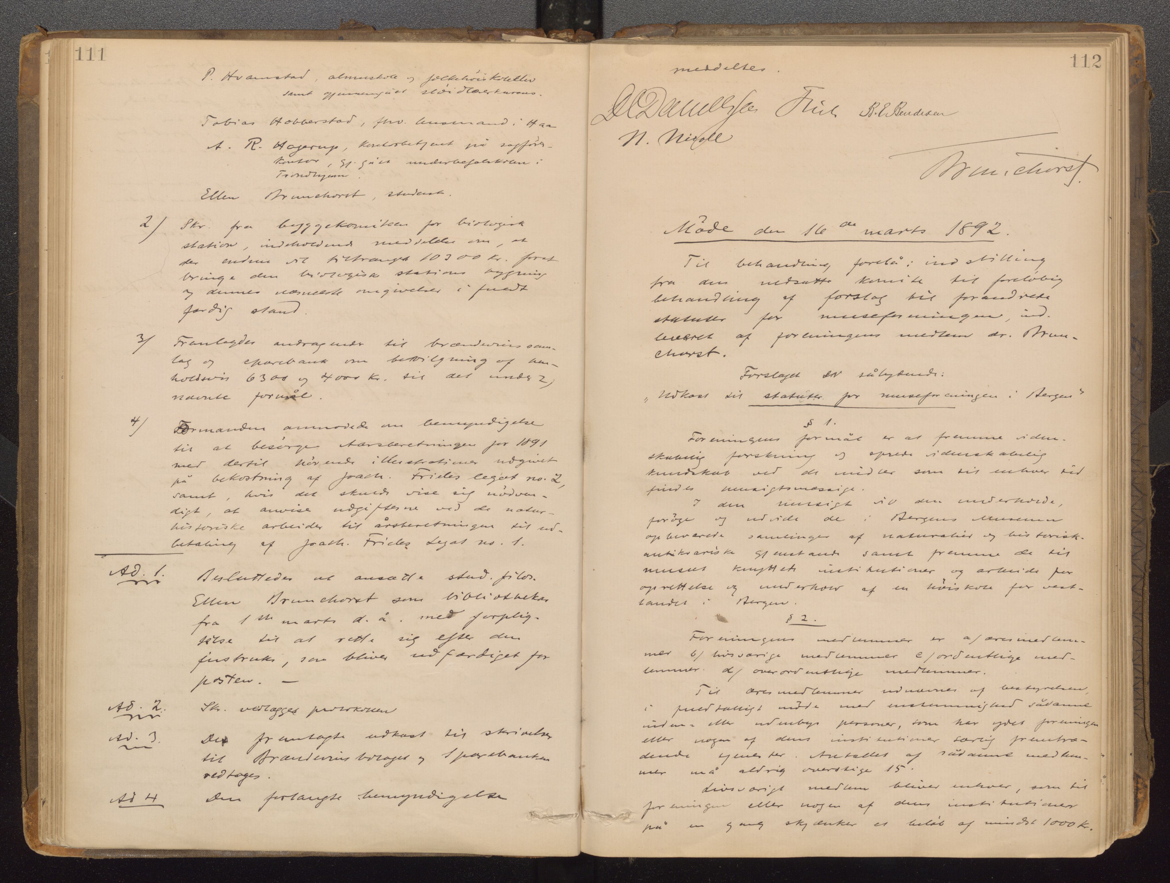 Bergens Museum, UMB/A007/A/Aa/L0007: Forhandlingsprotokoll , 1872-1906, p. 111,112