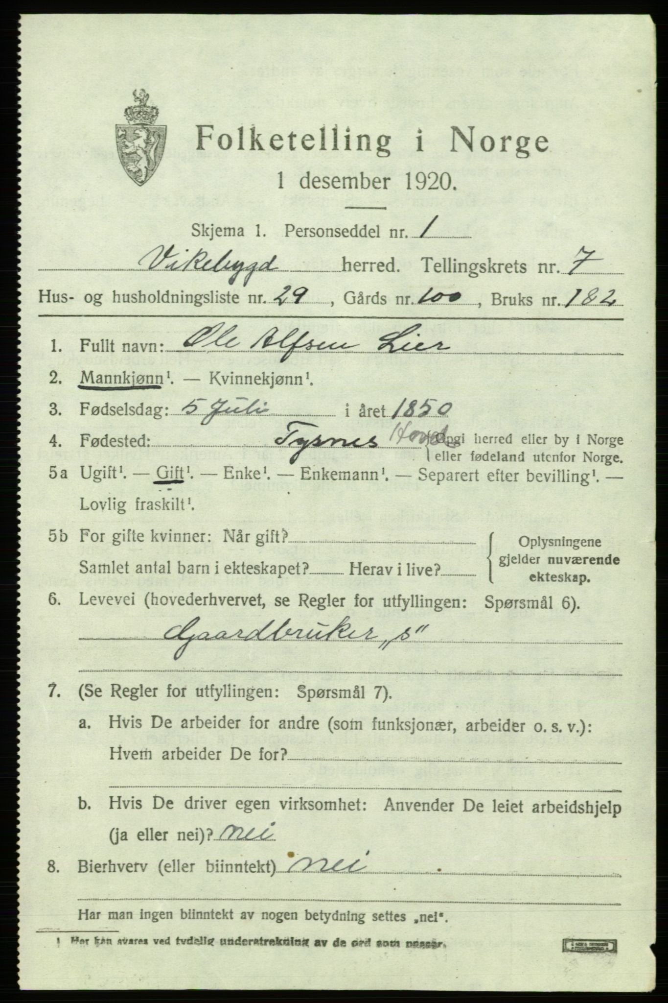 SAB, 1920 census for Vikebygd, 1920, p. 2657