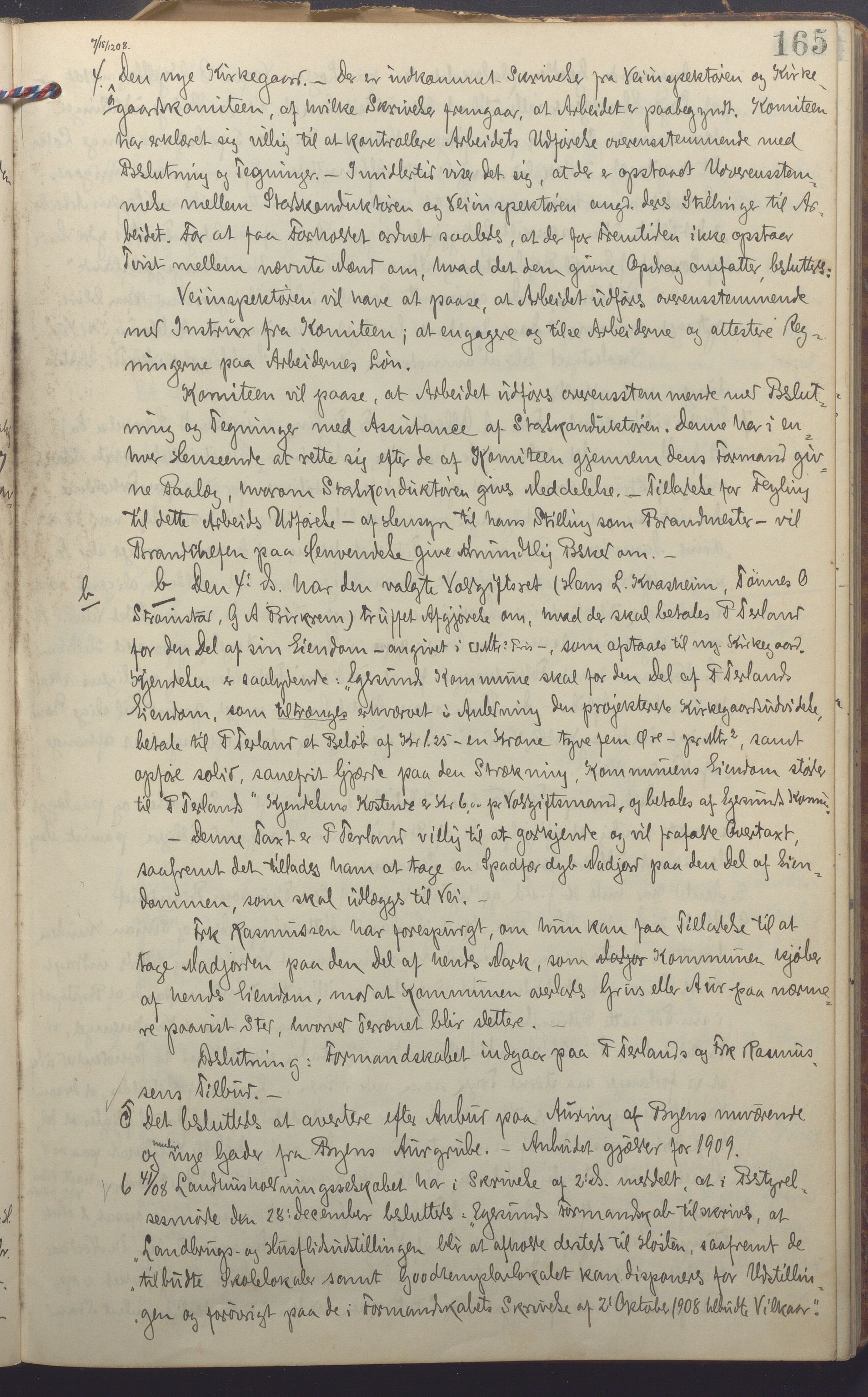 Egersund kommune (Ladested) - Formannskapet, IKAR/K-100502/A/L0007: Forhandlingsprotokoll, 1907-1912, p. 165