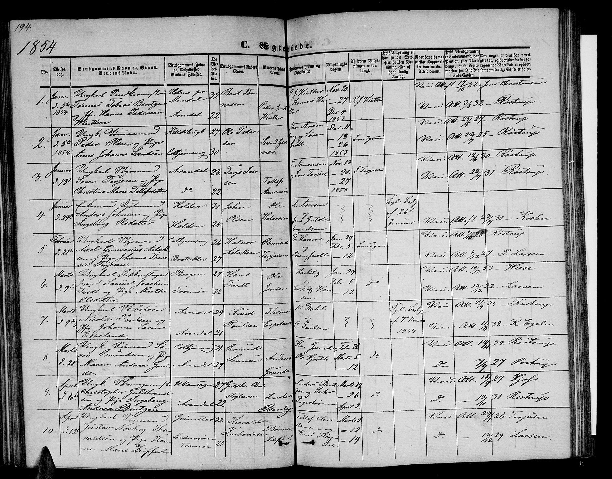 Arendal sokneprestkontor, Trefoldighet, SAK/1111-0040/F/Fb/L0002: Parish register (copy) no. B 2, 1838-1860, p. 194