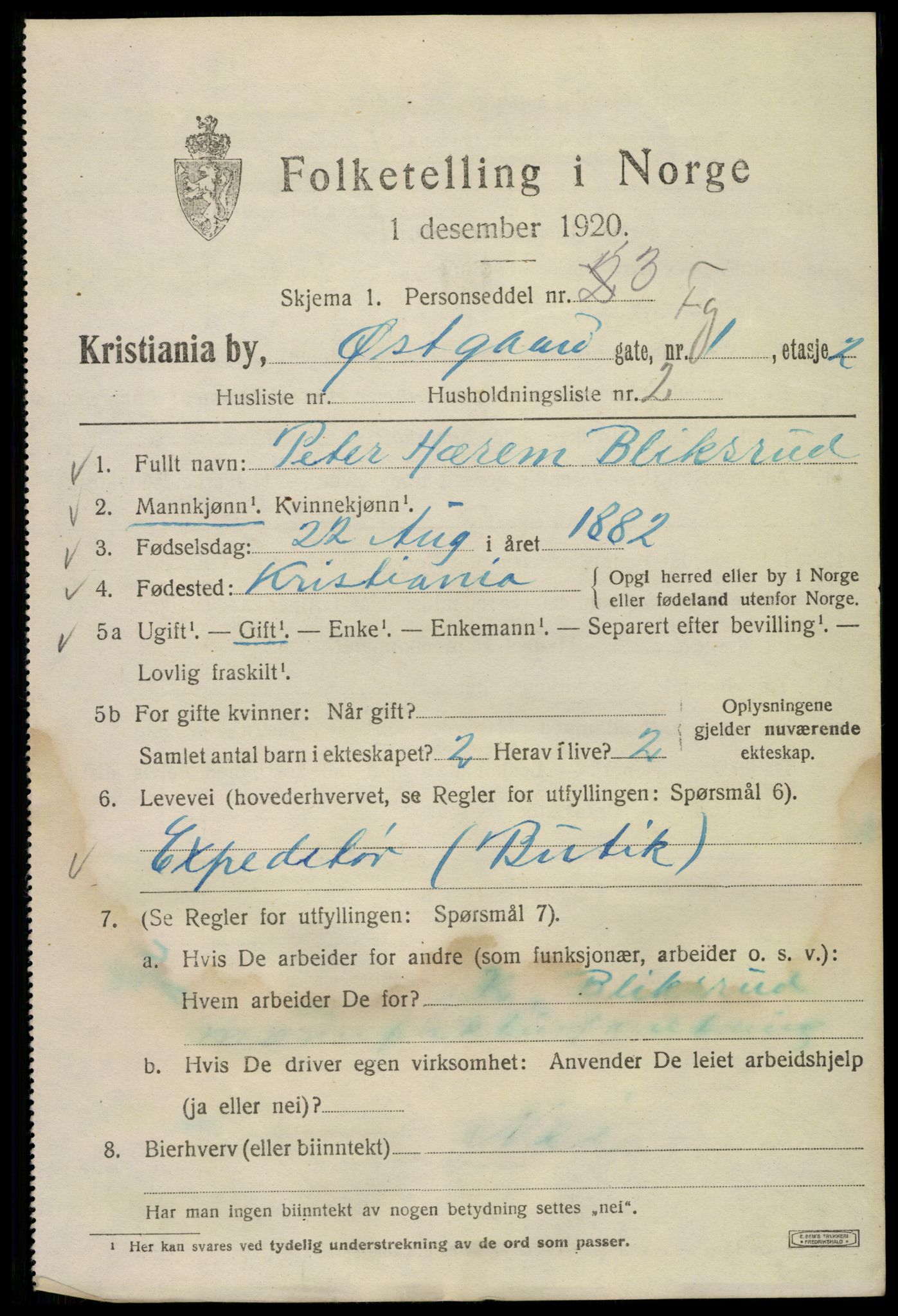 SAO, 1920 census for Kristiania, 1920, p. 656445