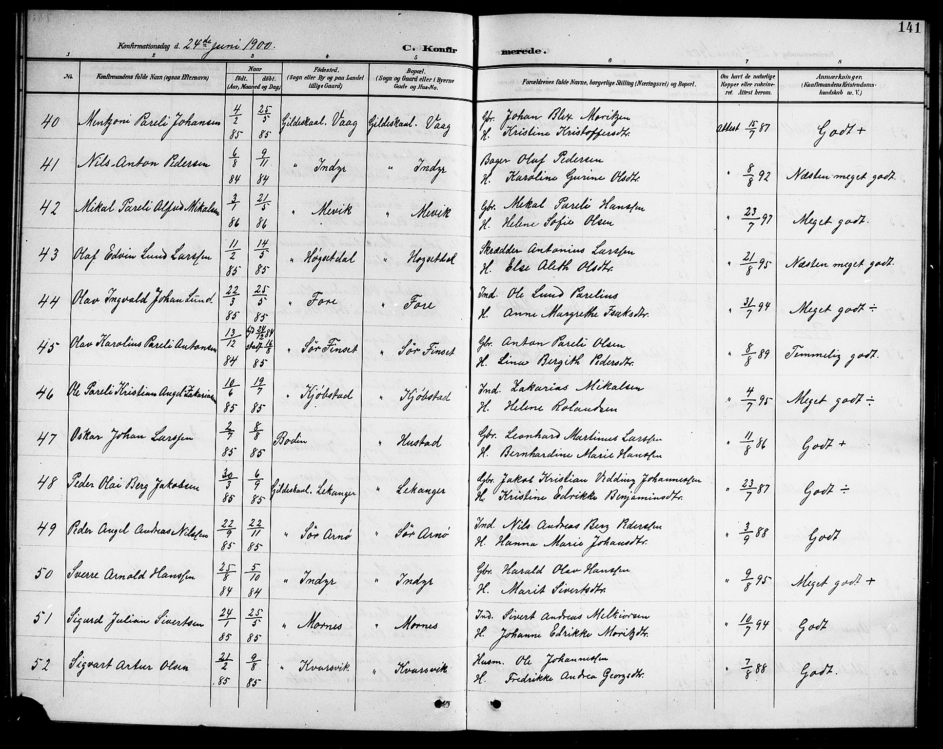 Ministerialprotokoller, klokkerbøker og fødselsregistre - Nordland, AV/SAT-A-1459/805/L0109: Parish register (copy) no. 805C05, 1900-1911, p. 141