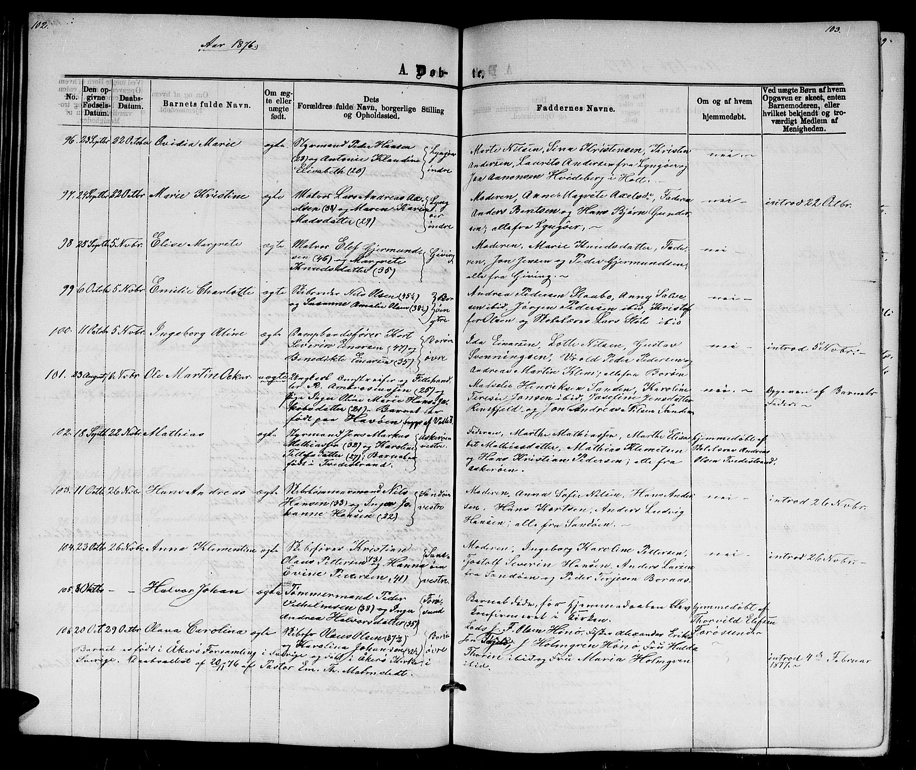 Dypvåg sokneprestkontor, AV/SAK-1111-0007/F/Fb/Fba/L0012: Parish register (copy) no. B 12, 1872-1886, p. 102-103