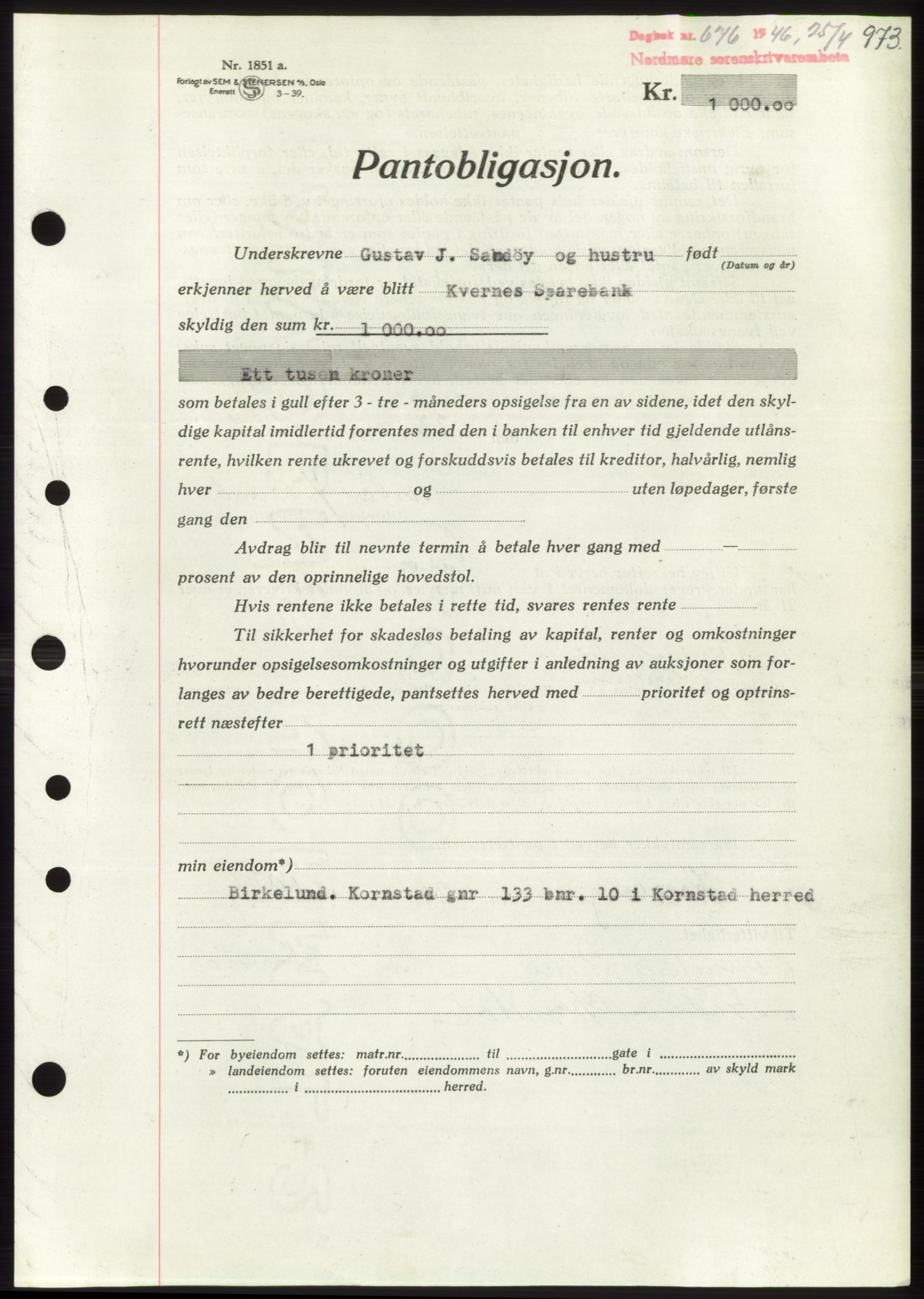 Nordmøre sorenskriveri, AV/SAT-A-4132/1/2/2Ca: Mortgage book no. B93b, 1946-1946, Diary no: : 676/1946