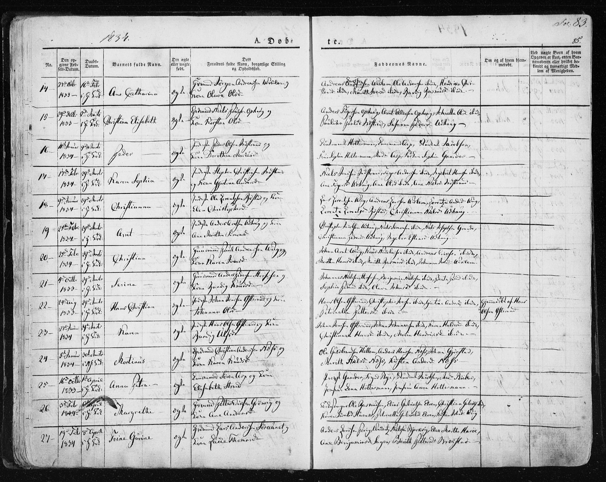 Ministerialprotokoller, klokkerbøker og fødselsregistre - Sør-Trøndelag, SAT/A-1456/659/L0735: Parish register (official) no. 659A05, 1826-1841, p. 83