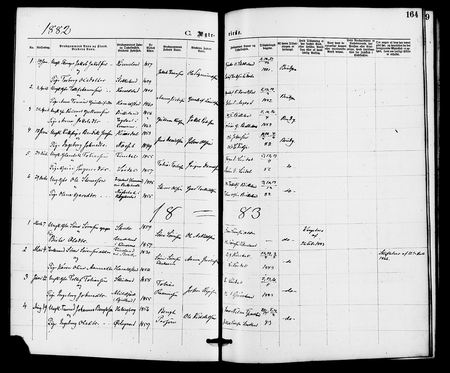 Holum sokneprestkontor, AV/SAK-1111-0022/F/Fa/Fab/L0006: Parish register (official) no. A 6, 1875-1886, p. 164