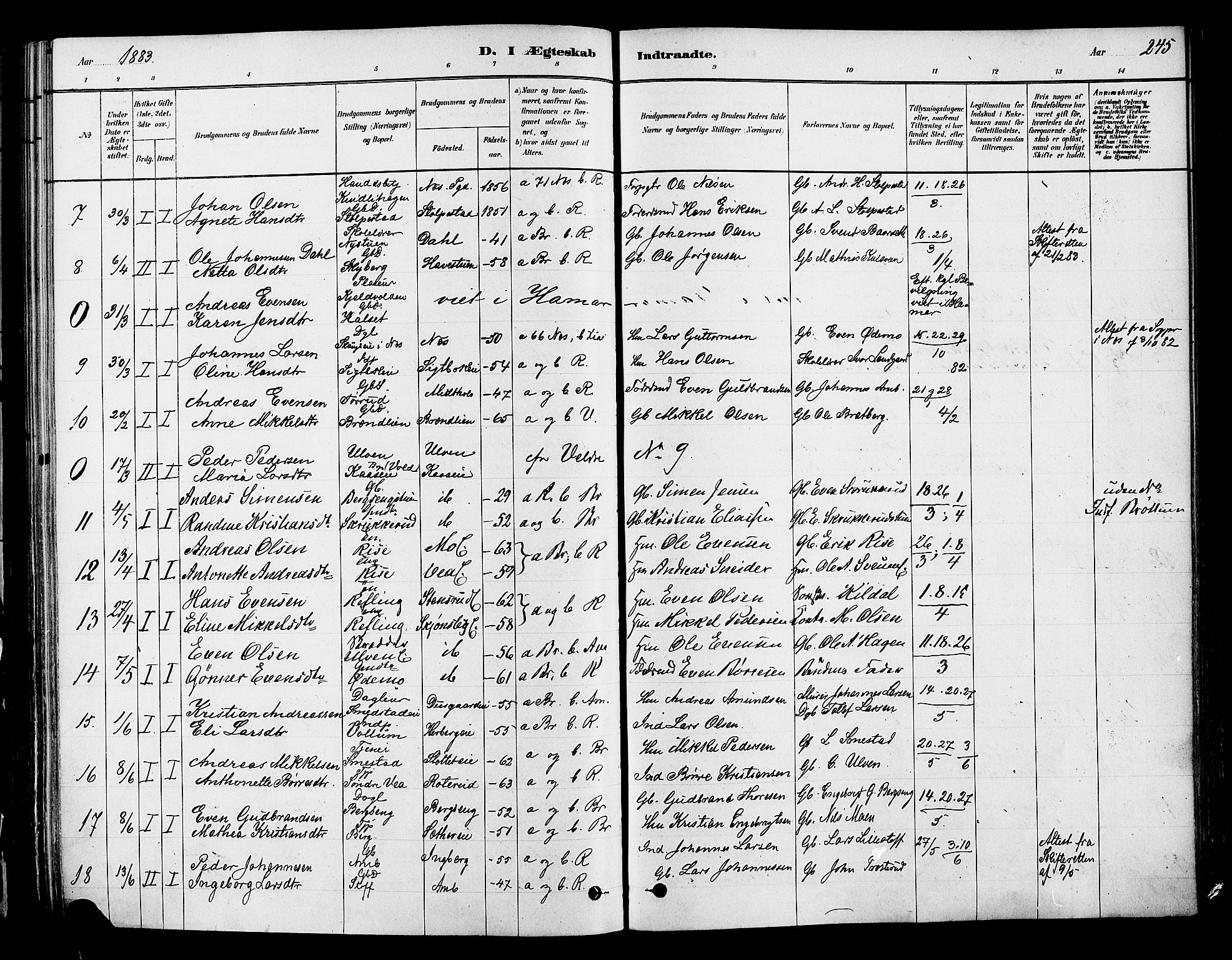 Ringsaker prestekontor, AV/SAH-PREST-014/K/Ka/L0012: Parish register (official) no. 12, 1879-1890, p. 245