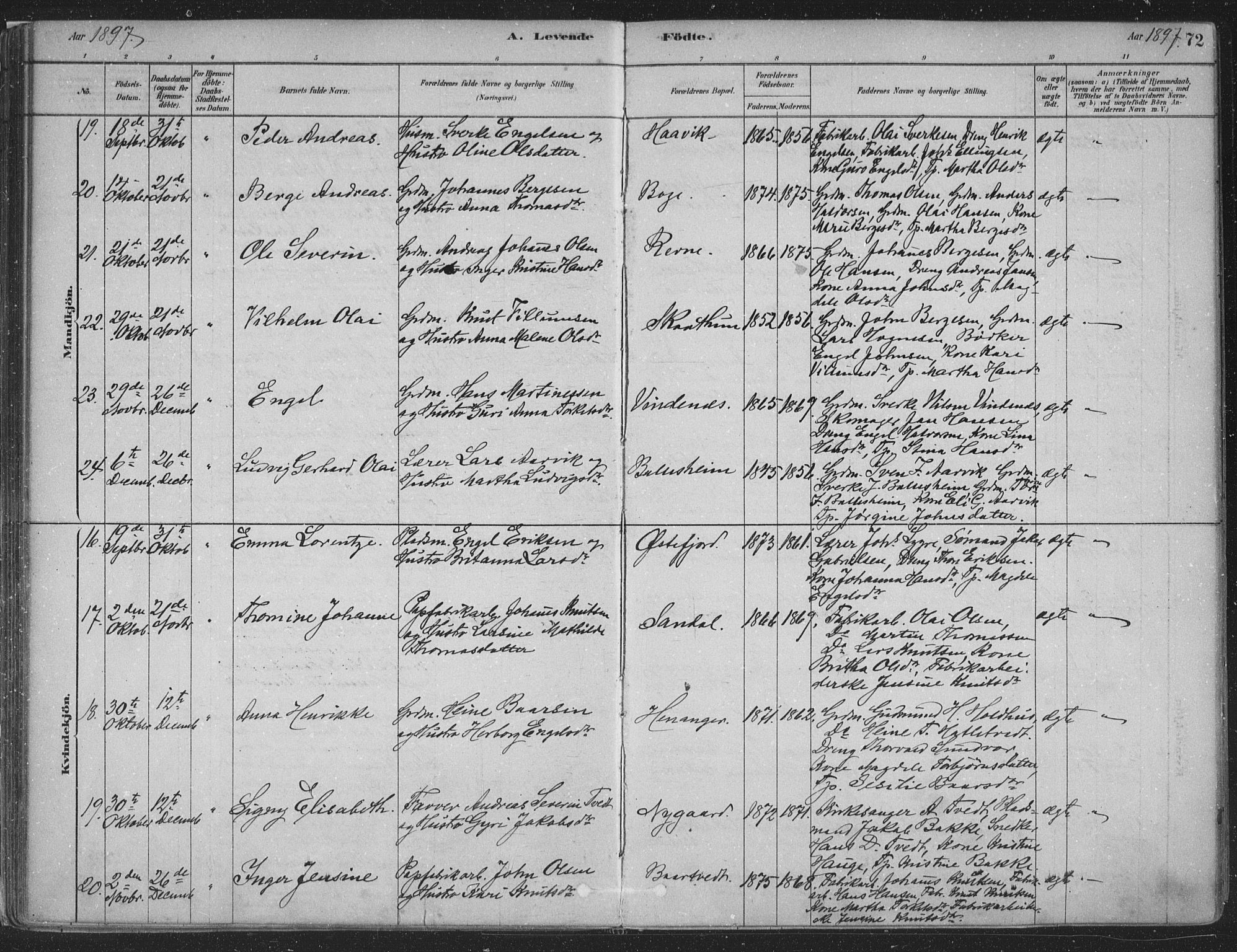 Fusa sokneprestembete, AV/SAB-A-75401/H/Haa: Parish register (official) no. D 1, 1880-1938, p. 72