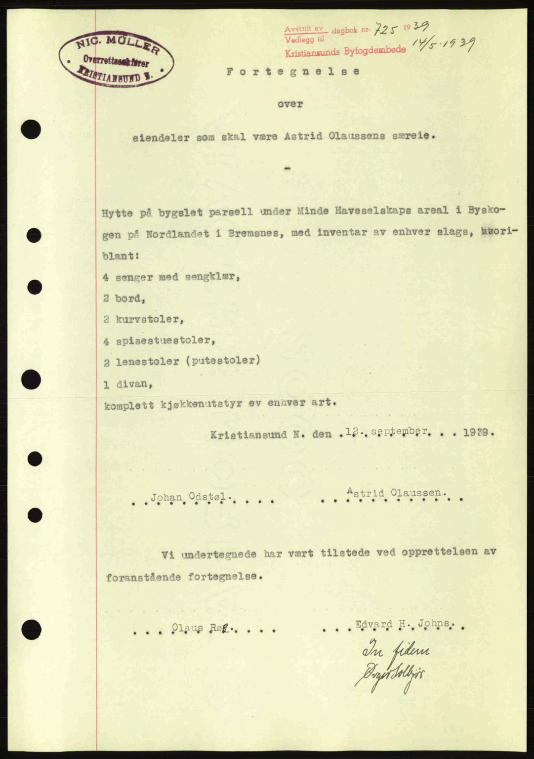 Kristiansund byfogd, AV/SAT-A-4587/A/27: Mortgage book no. 31, 1938-1939, Diary no: : 725/1939