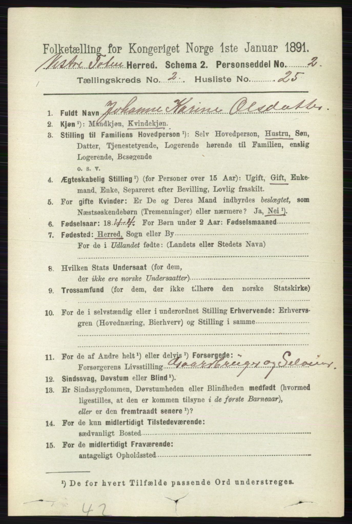 RA, 1891 census for 0529 Vestre Toten, 1891, p. 1538