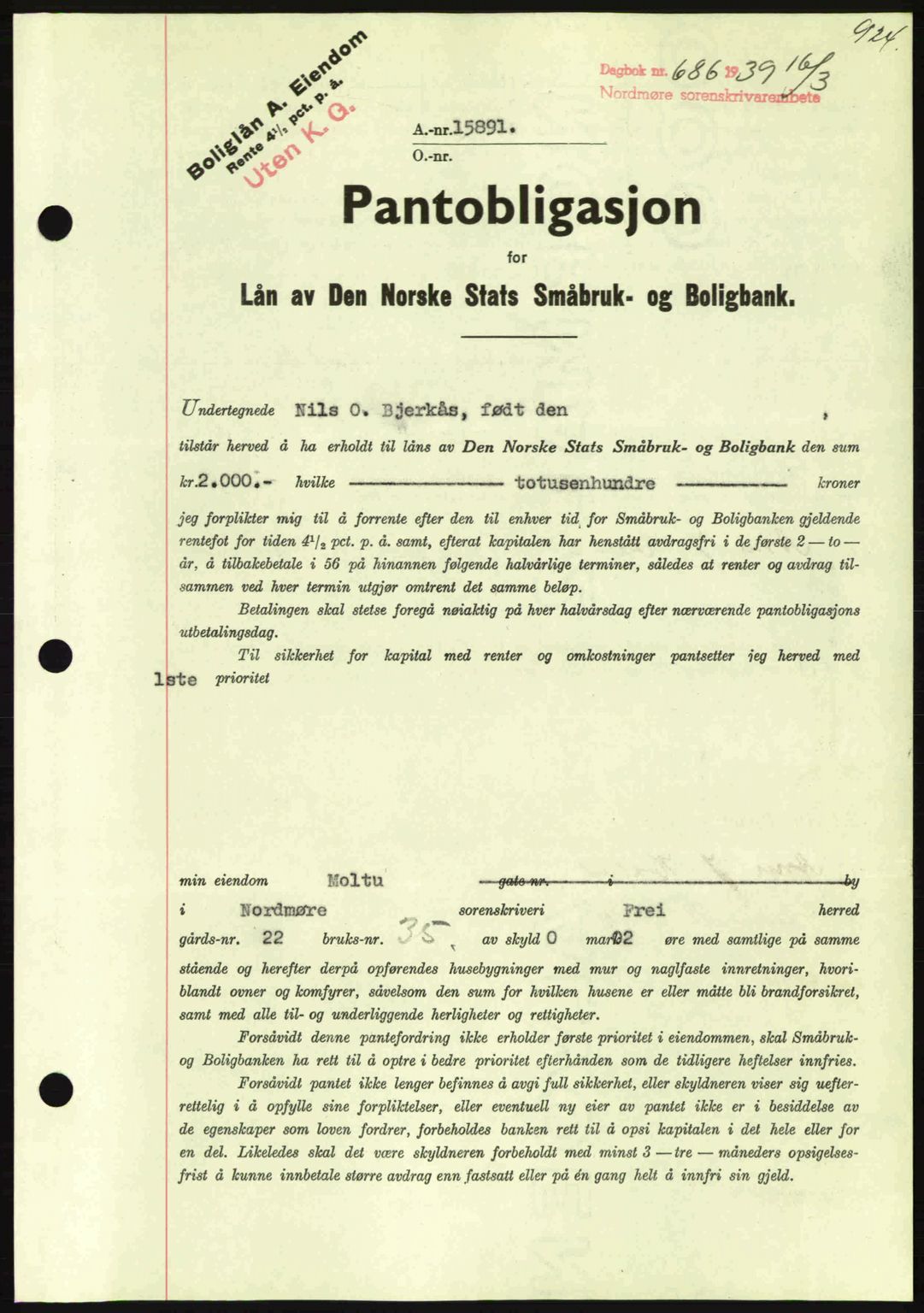 Nordmøre sorenskriveri, SAT/A-4132/1/2/2Ca: Mortgage book no. B84, 1938-1939, Diary no: : 686/1939