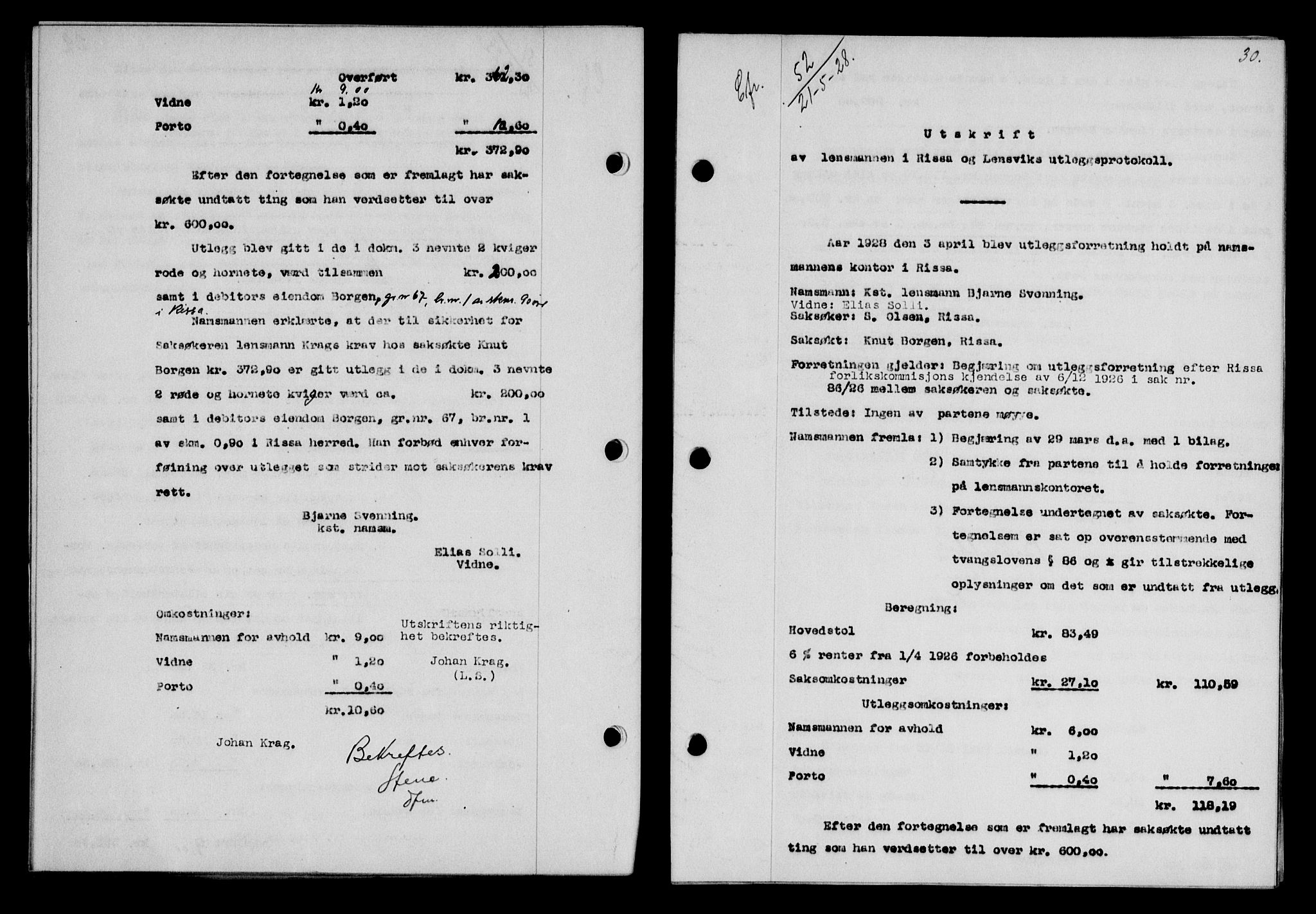 Fosen sorenskriveri, AV/SAT-A-1107/1/2/2C/L0067: Mortgage book no. 58, 1928-1929, p. 30, Deed date: 21.05.1928