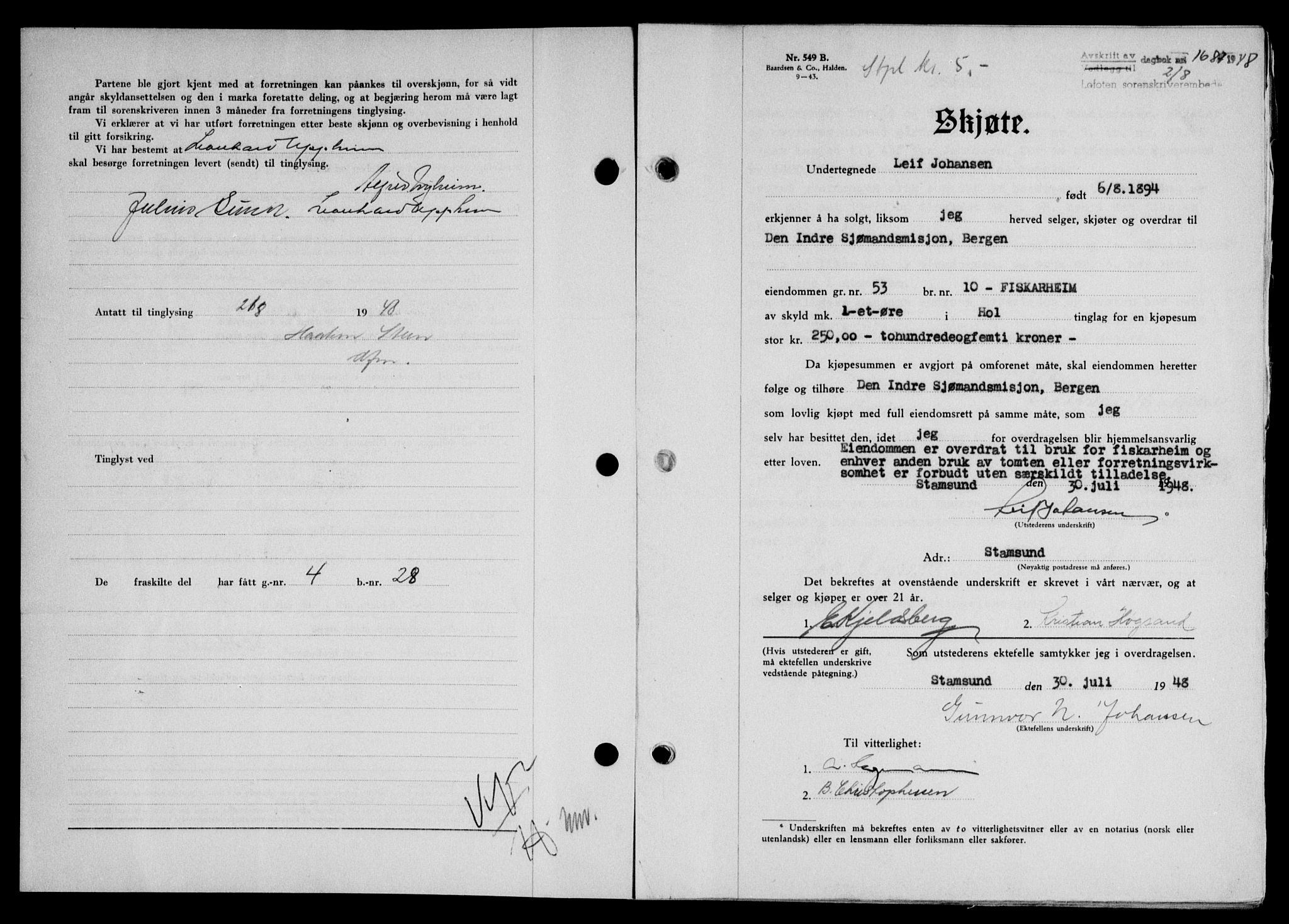 Lofoten sorenskriveri, SAT/A-0017/1/2/2C/L0019a: Mortgage book no. 19a, 1948-1948, Diary no: : 1687/1948