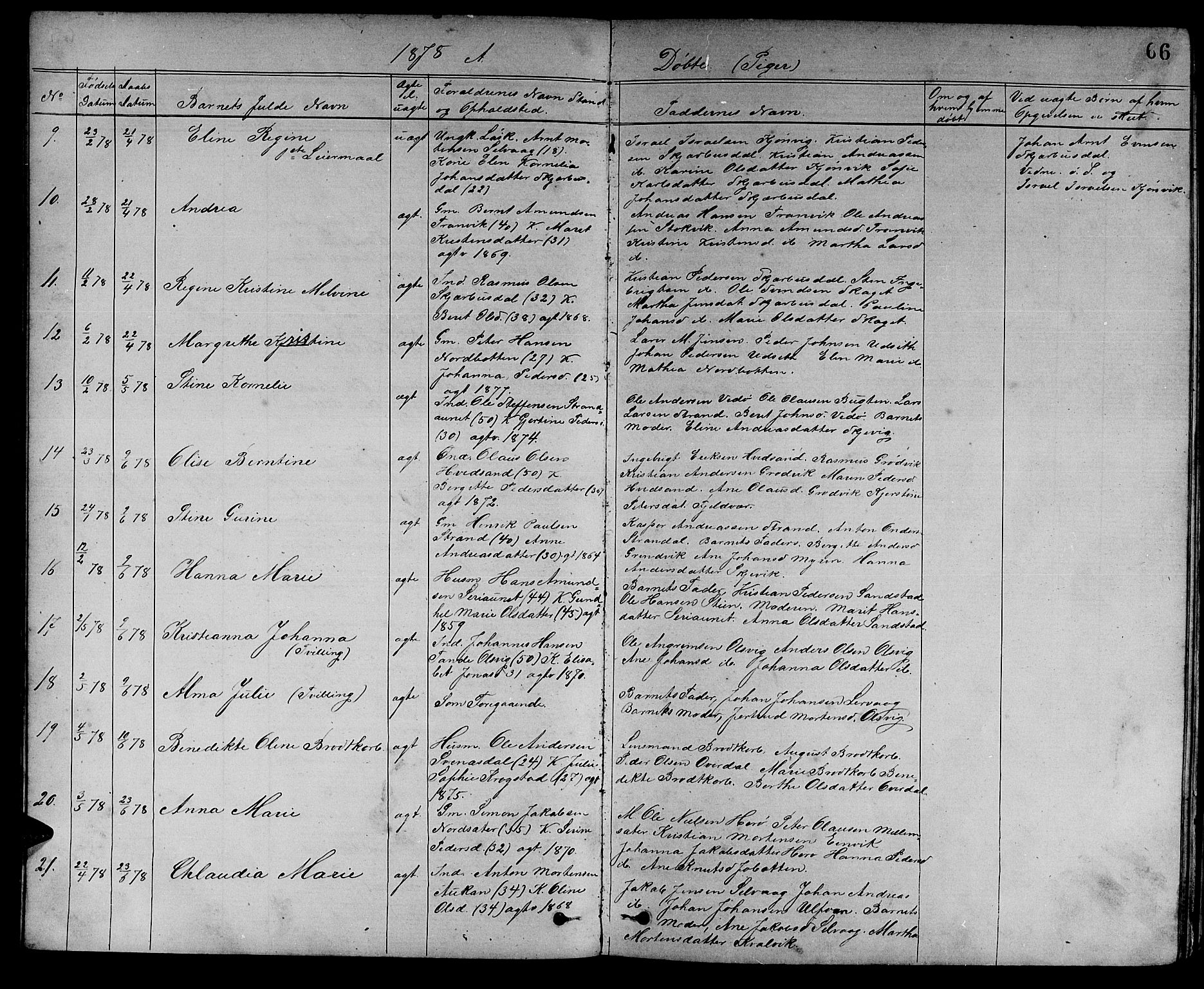 Ministerialprotokoller, klokkerbøker og fødselsregistre - Sør-Trøndelag, SAT/A-1456/637/L0561: Parish register (copy) no. 637C02, 1873-1882, p. 66
