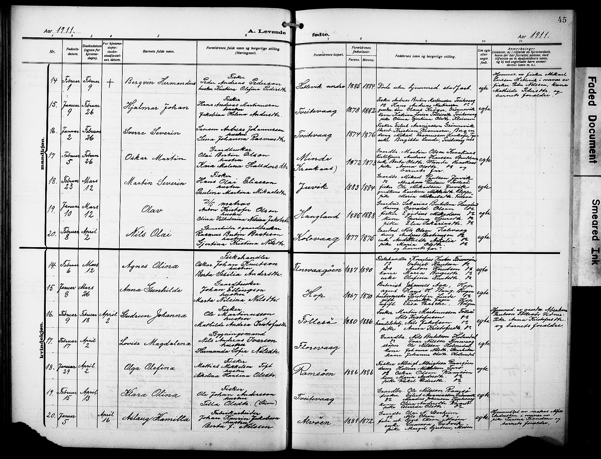 Askøy Sokneprestembete, AV/SAB-A-74101/H/Ha/Hab/Haba/L0011: Parish register (copy) no. A 11, 1908-1931, p. 45