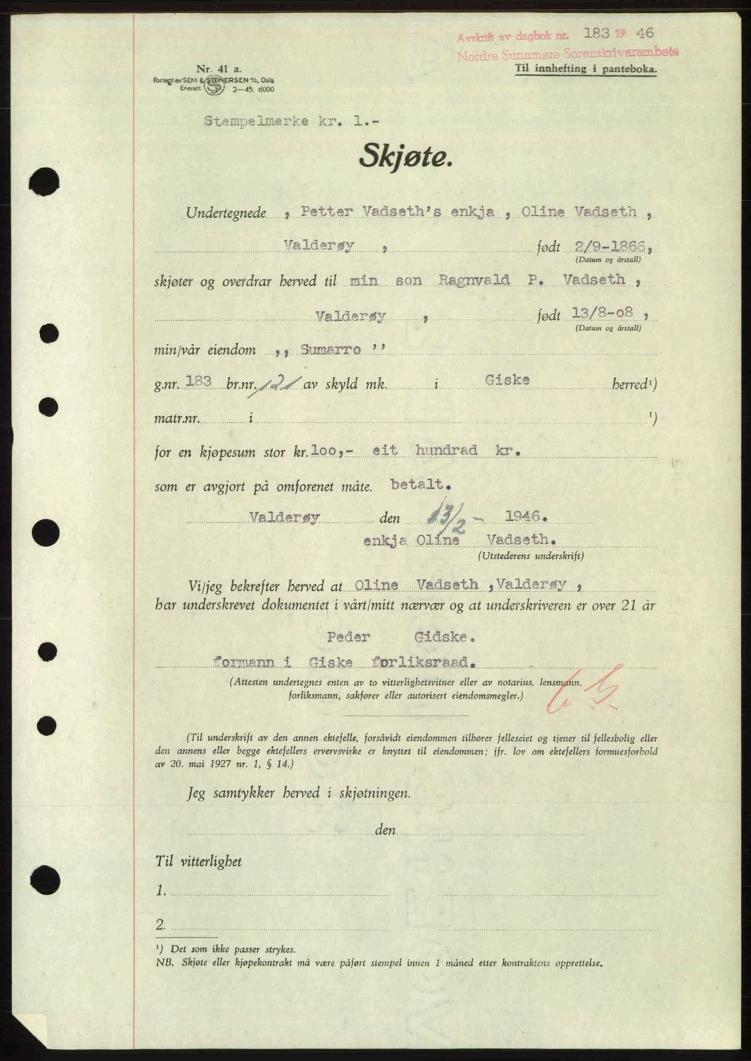 Nordre Sunnmøre sorenskriveri, AV/SAT-A-0006/1/2/2C/2Ca: Mortgage book no. A20b, 1946-1946, Diary no: : 183/1946