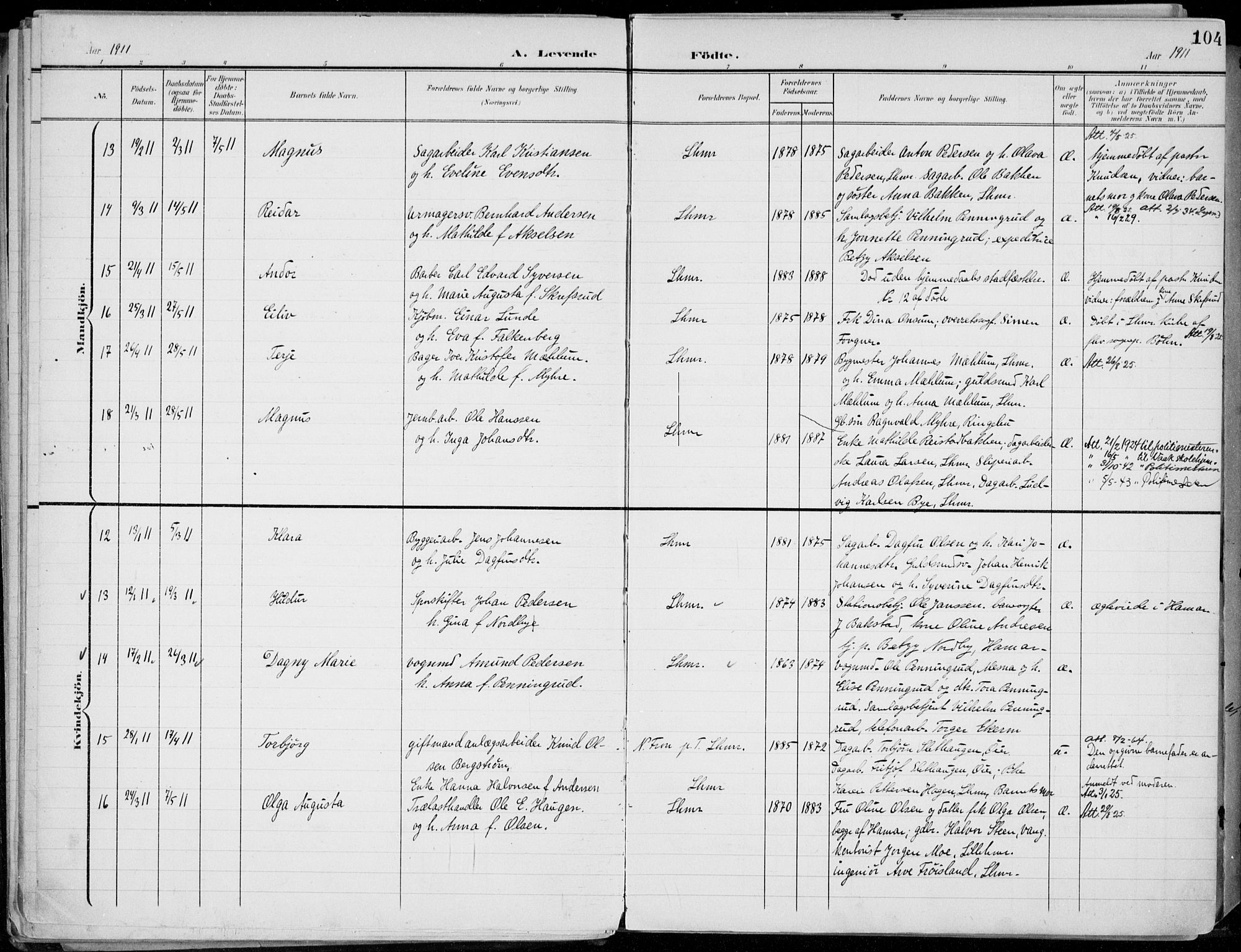 Lillehammer prestekontor, AV/SAH-PREST-088/H/Ha/Haa/L0001: Parish register (official) no. 1, 1901-1916, p. 104