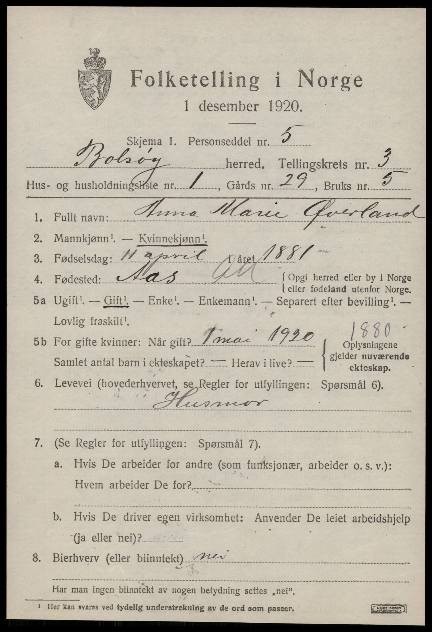 SAT, 1920 census for Bolsøy, 1920, p. 5343