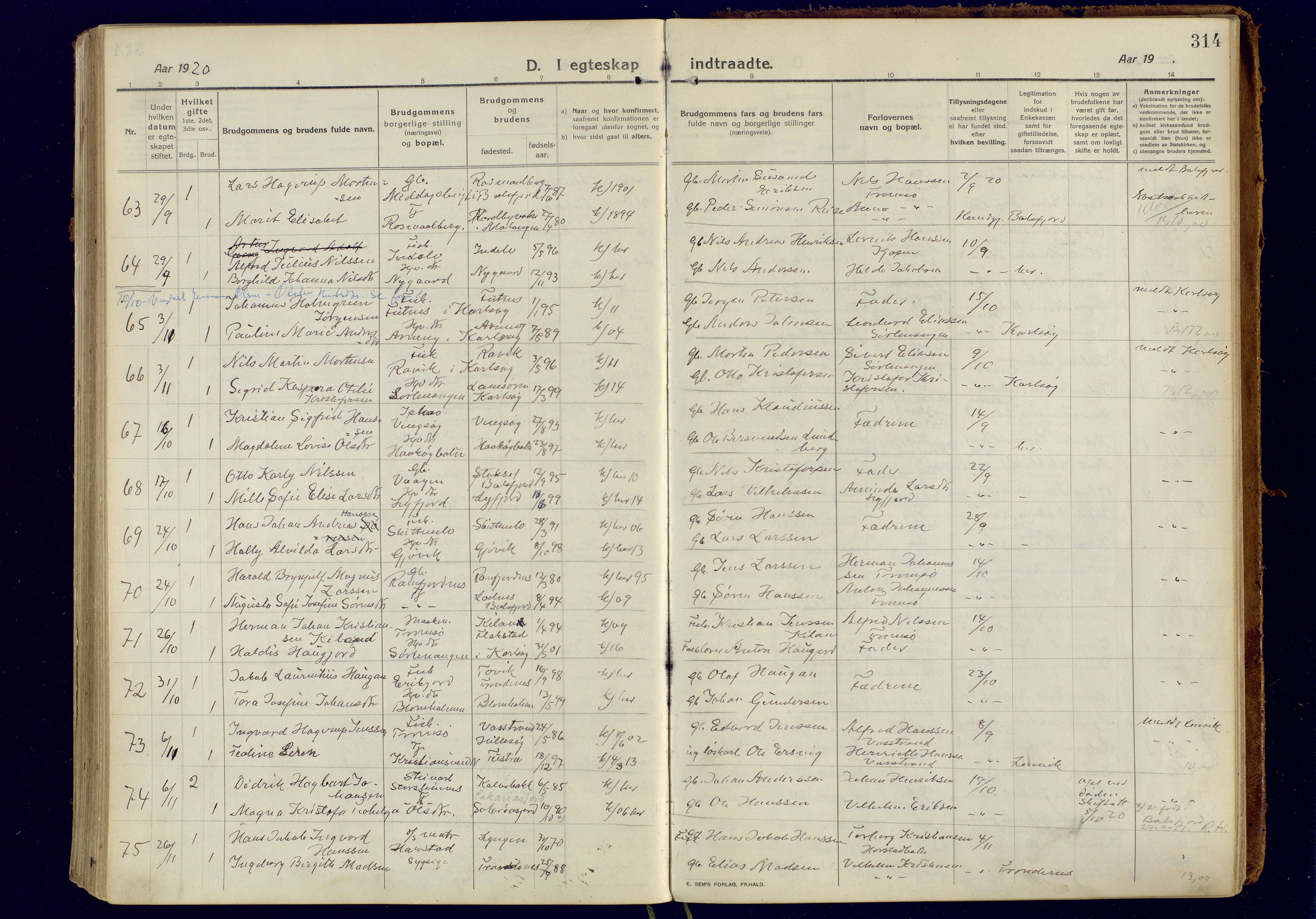 Tromsøysund sokneprestkontor, AV/SATØ-S-1304/G/Ga/L0008kirke: Parish register (official) no. 8, 1914-1922, p. 314