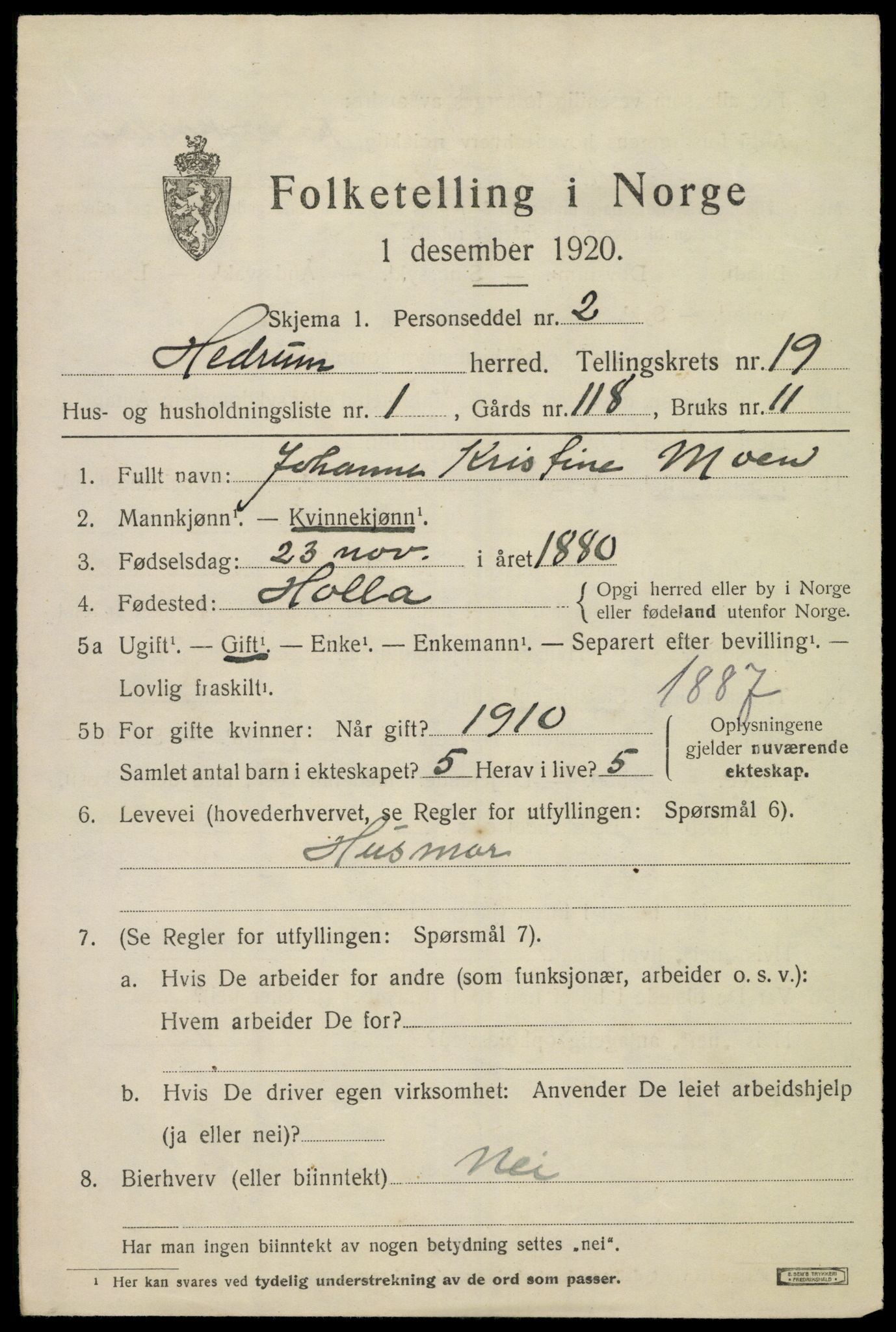 SAKO, 1920 census for Hedrum, 1920, p. 11319