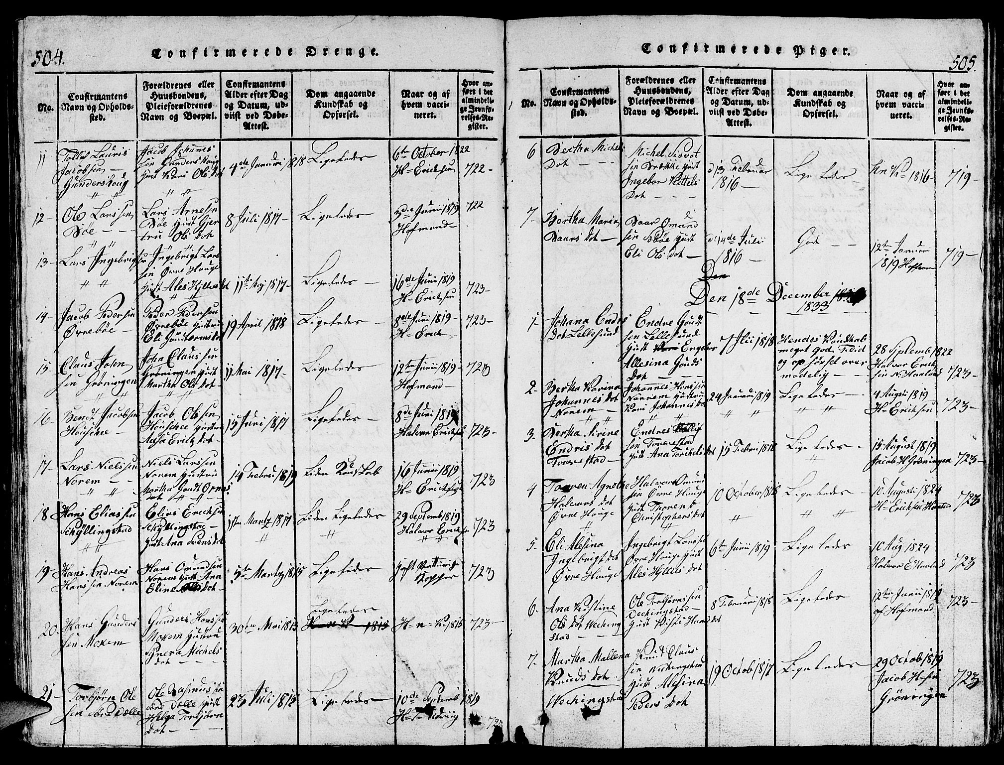 Torvastad sokneprestkontor, SAST/A -101857/H/Ha/Hab/L0001: Parish register (copy) no. B 1 /1, 1817-1835, p. 504-505