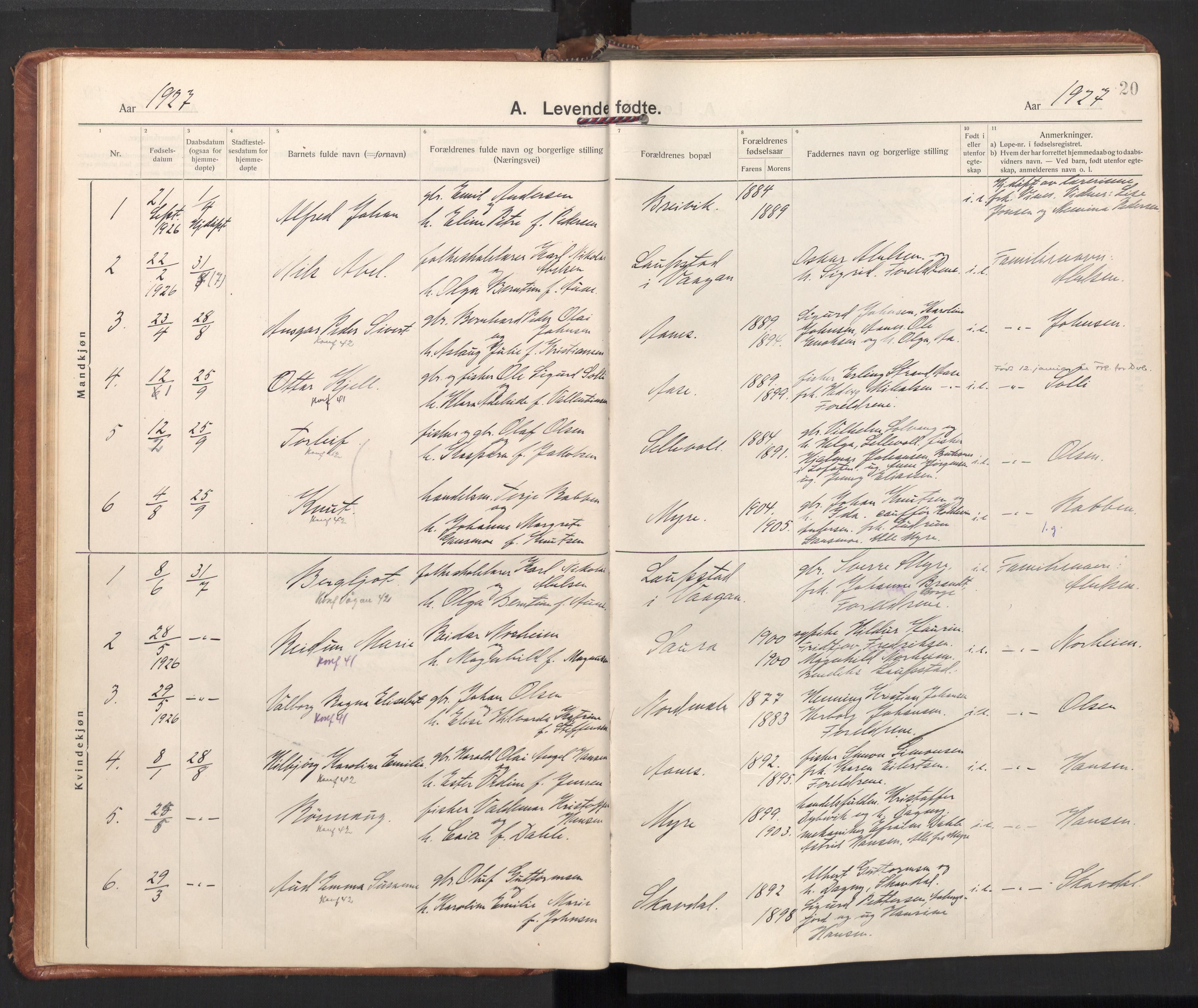 Ministerialprotokoller, klokkerbøker og fødselsregistre - Nordland, AV/SAT-A-1459/897/L1408: Parish register (official) no. 897A15, 1922-1938, p. 20